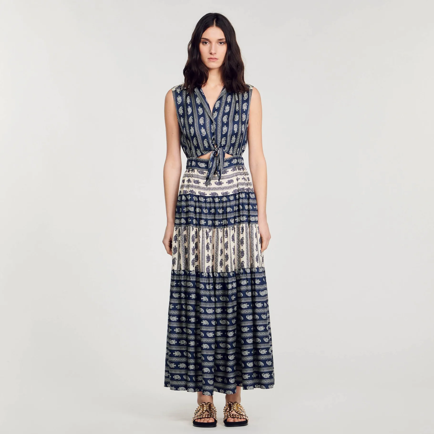 Fashion SANDRO Robe Longue Imprimé Paisley Marine / Beige