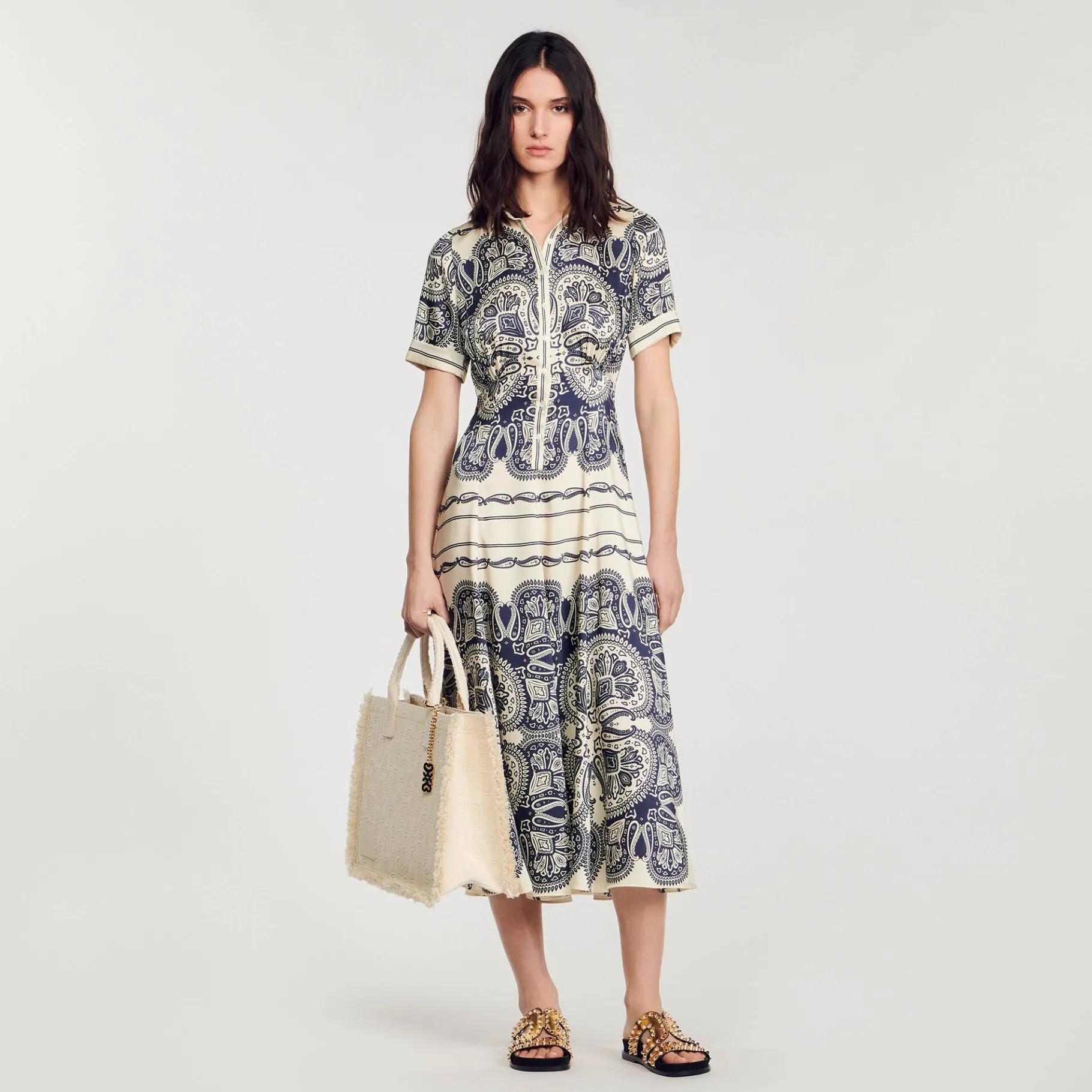 Outlet SANDRO Robe Longue Imprimée Beige / Marine