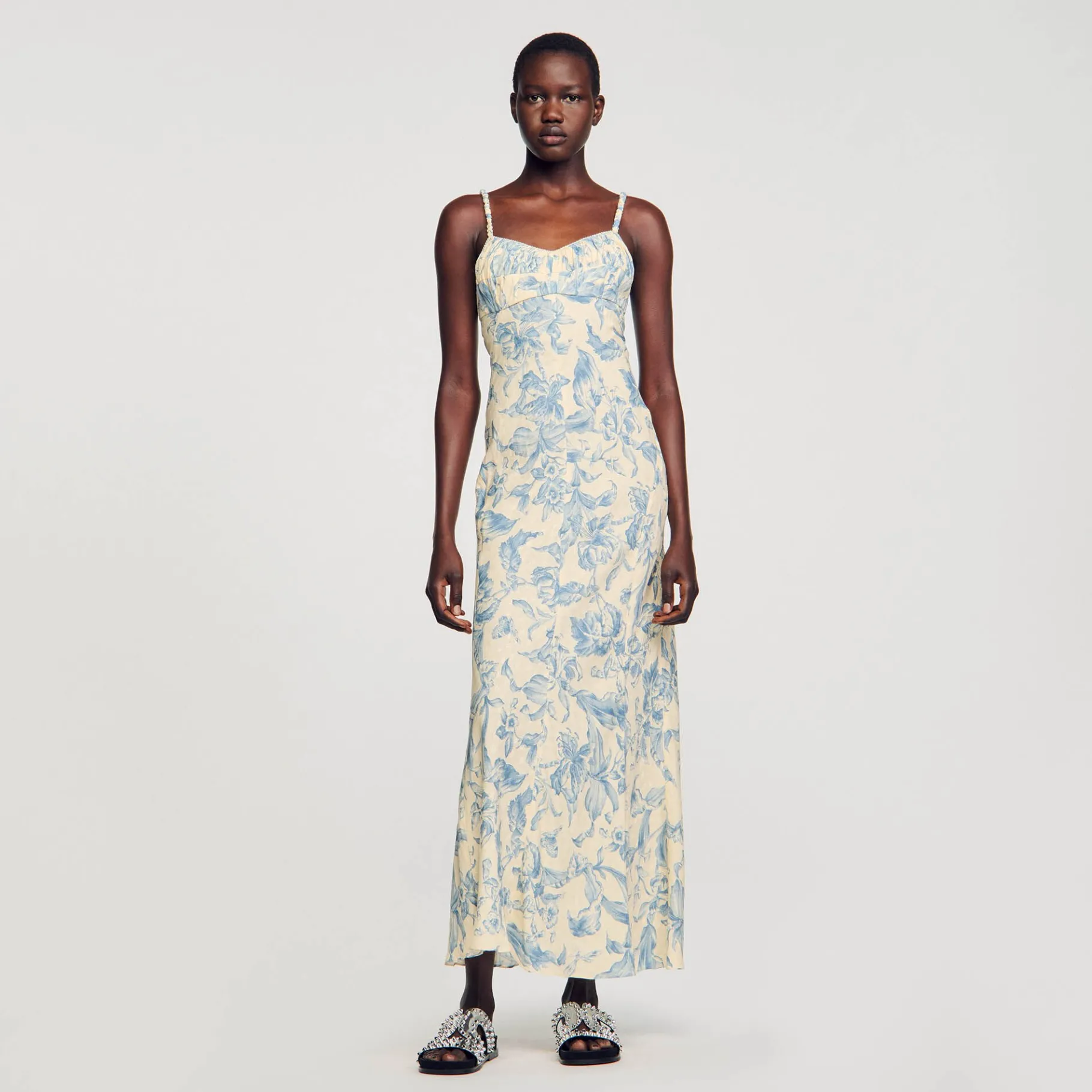 Hot SANDRO Robe Longue Imprimée Ecru / Bleu