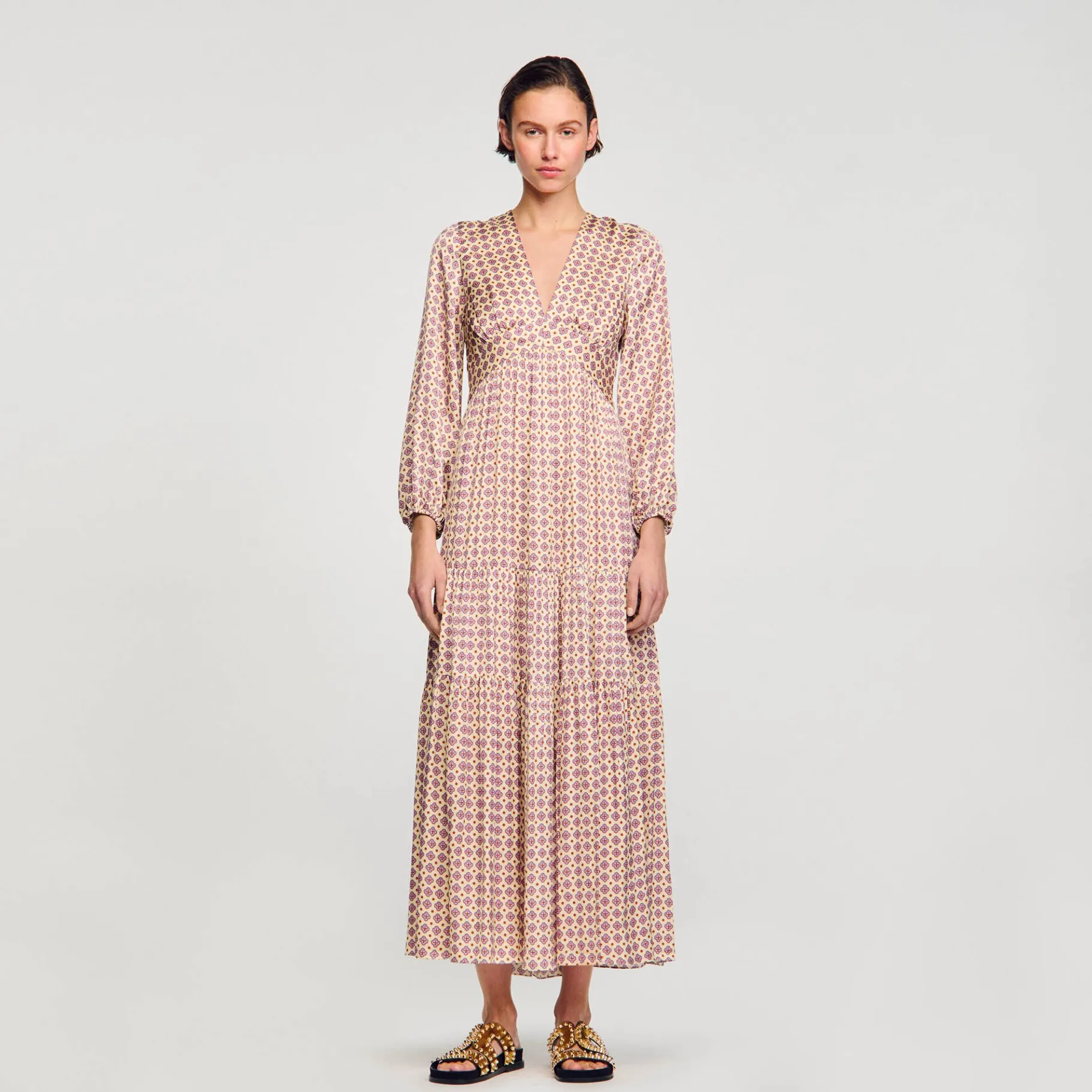 Cheap SANDRO Robe Longue Imprimée Ecru / Rose