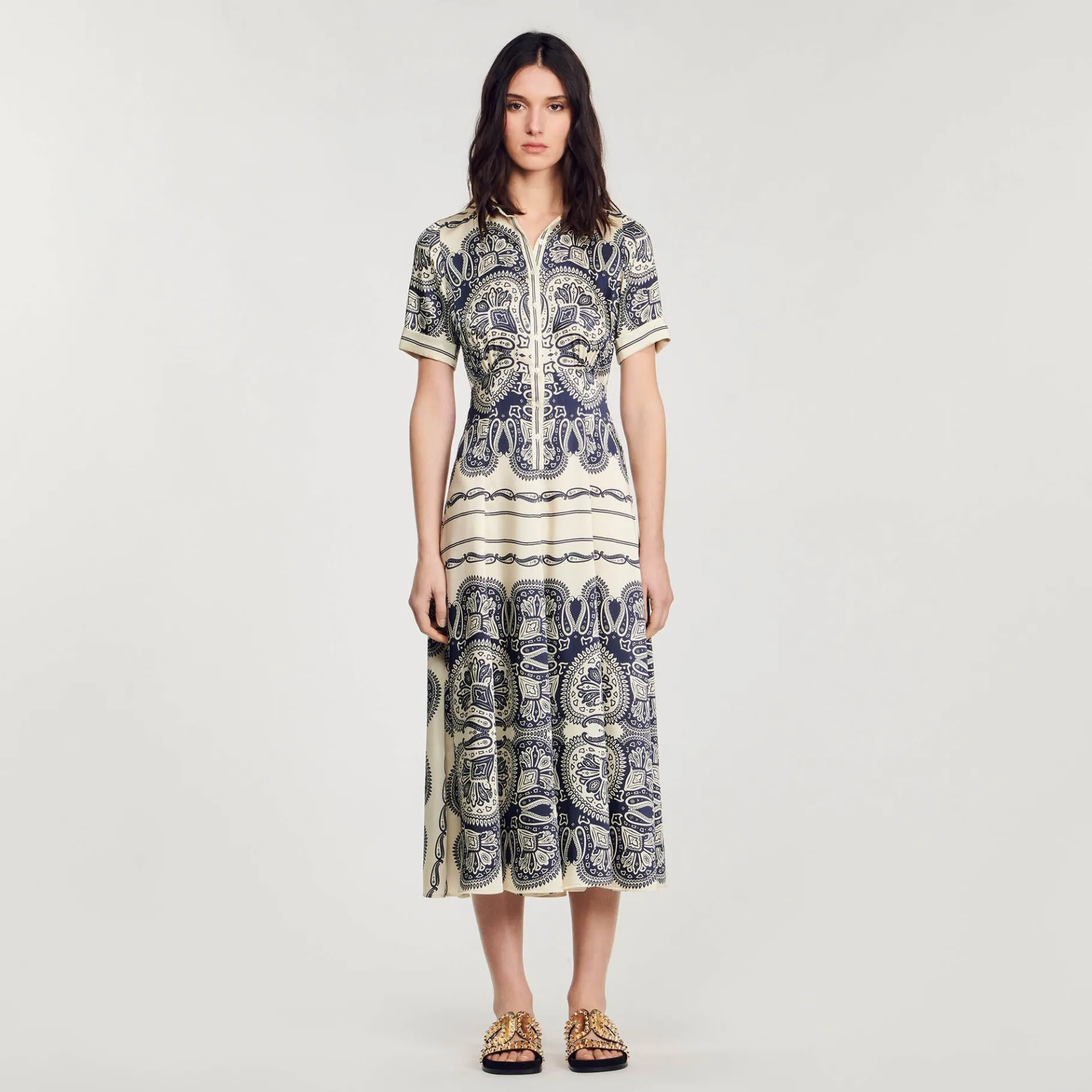 Outlet SANDRO Robe Longue Imprimée Beige / Marine