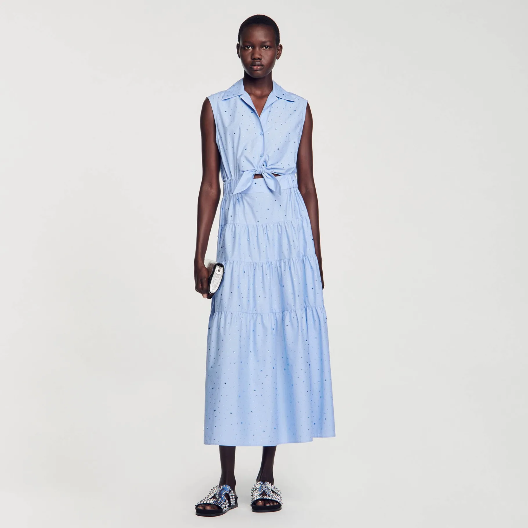 Hot SANDRO Robe Longue Nouée Ornée De Strass Bleu Ciel