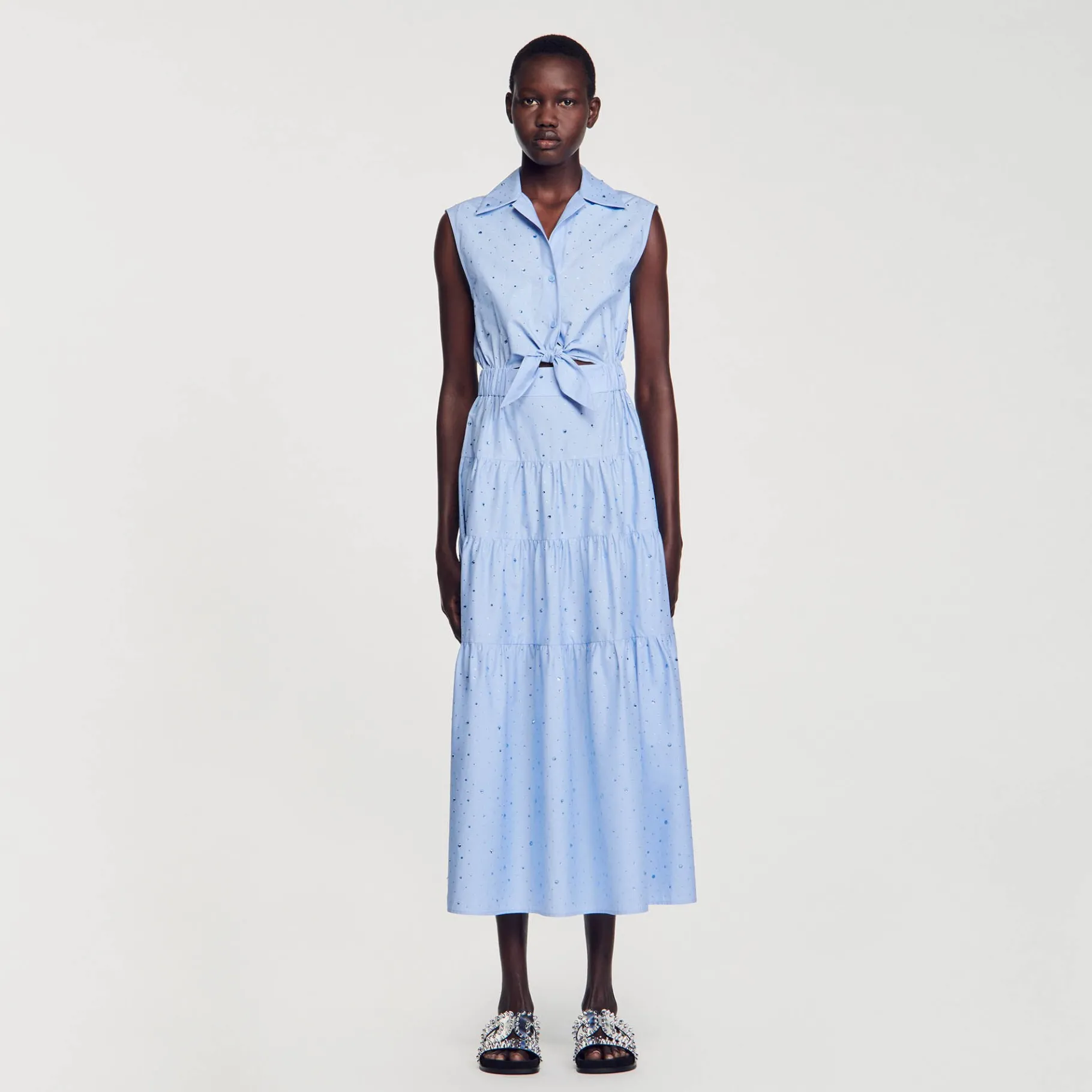 Hot SANDRO Robe Longue Nouée Ornée De Strass Bleu Ciel