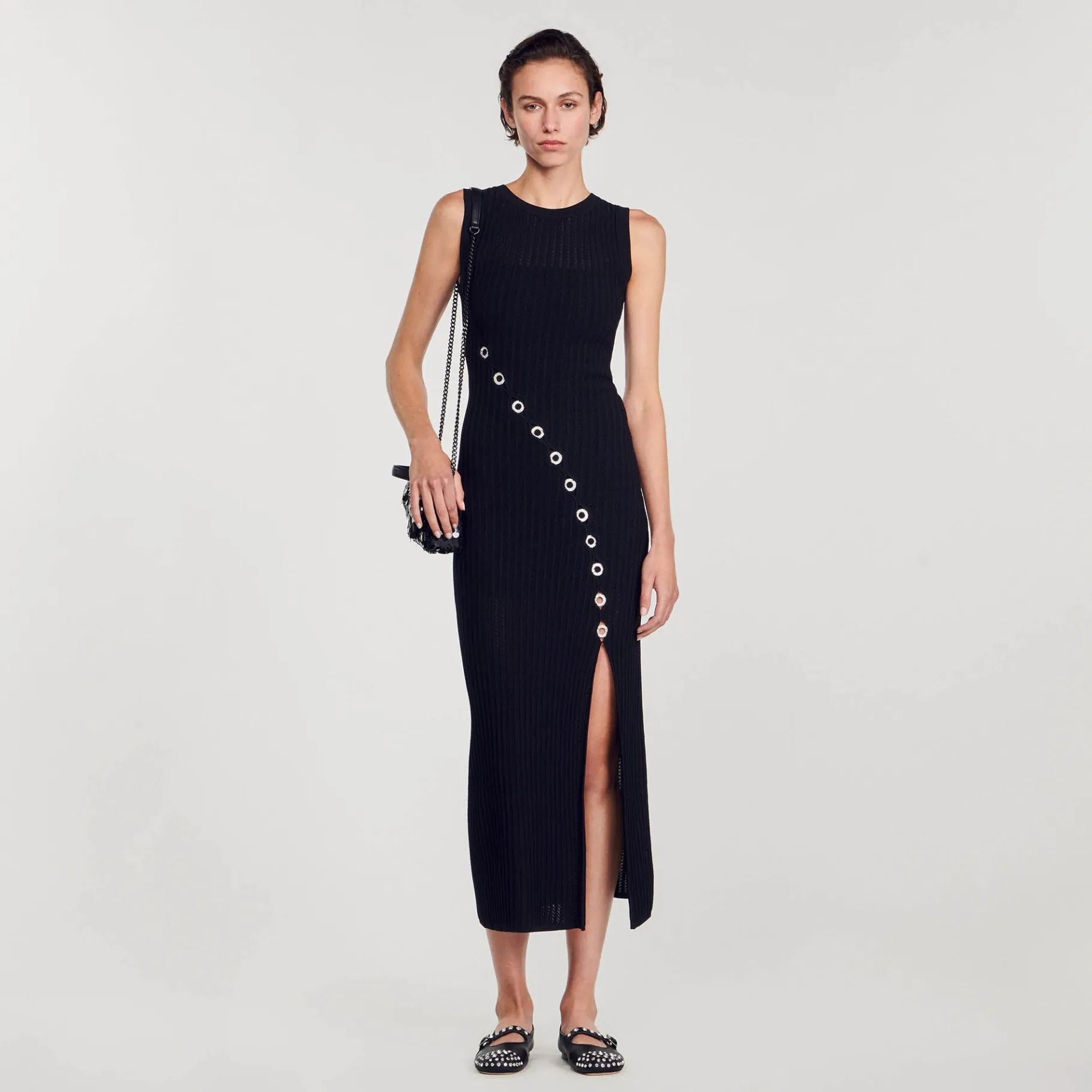 Store SANDRO Robe Longue Ornée De Bijoux Strassés Noir