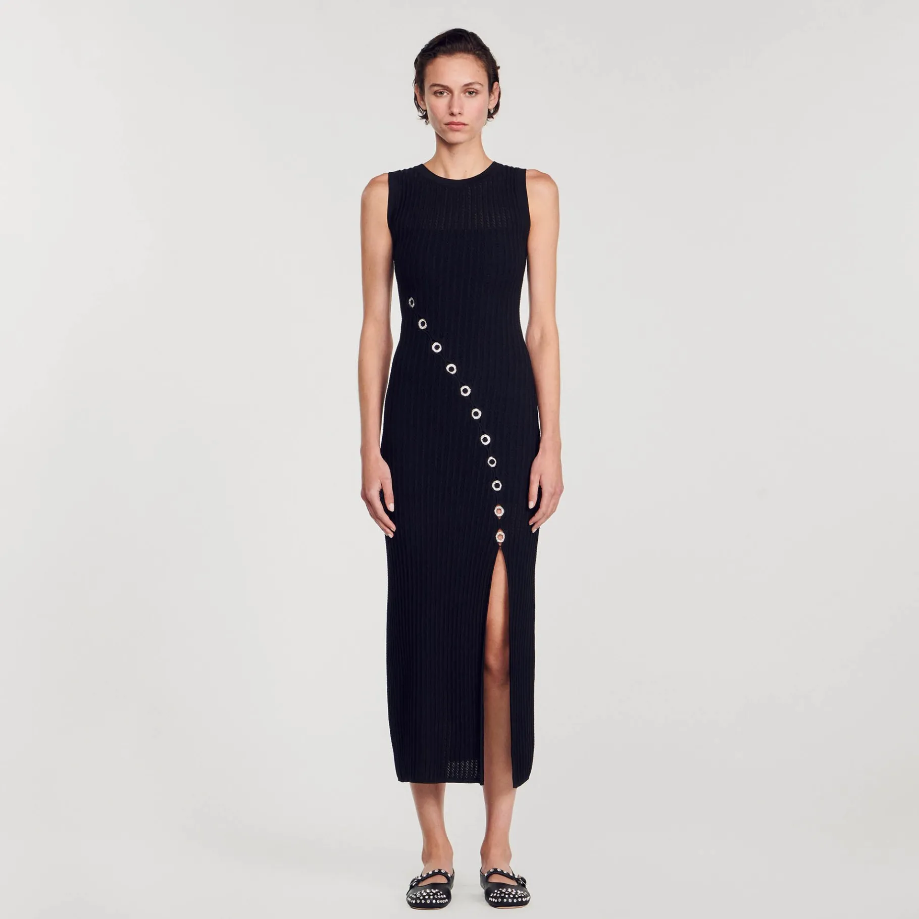 Store SANDRO Robe Longue Ornée De Bijoux Strassés Noir