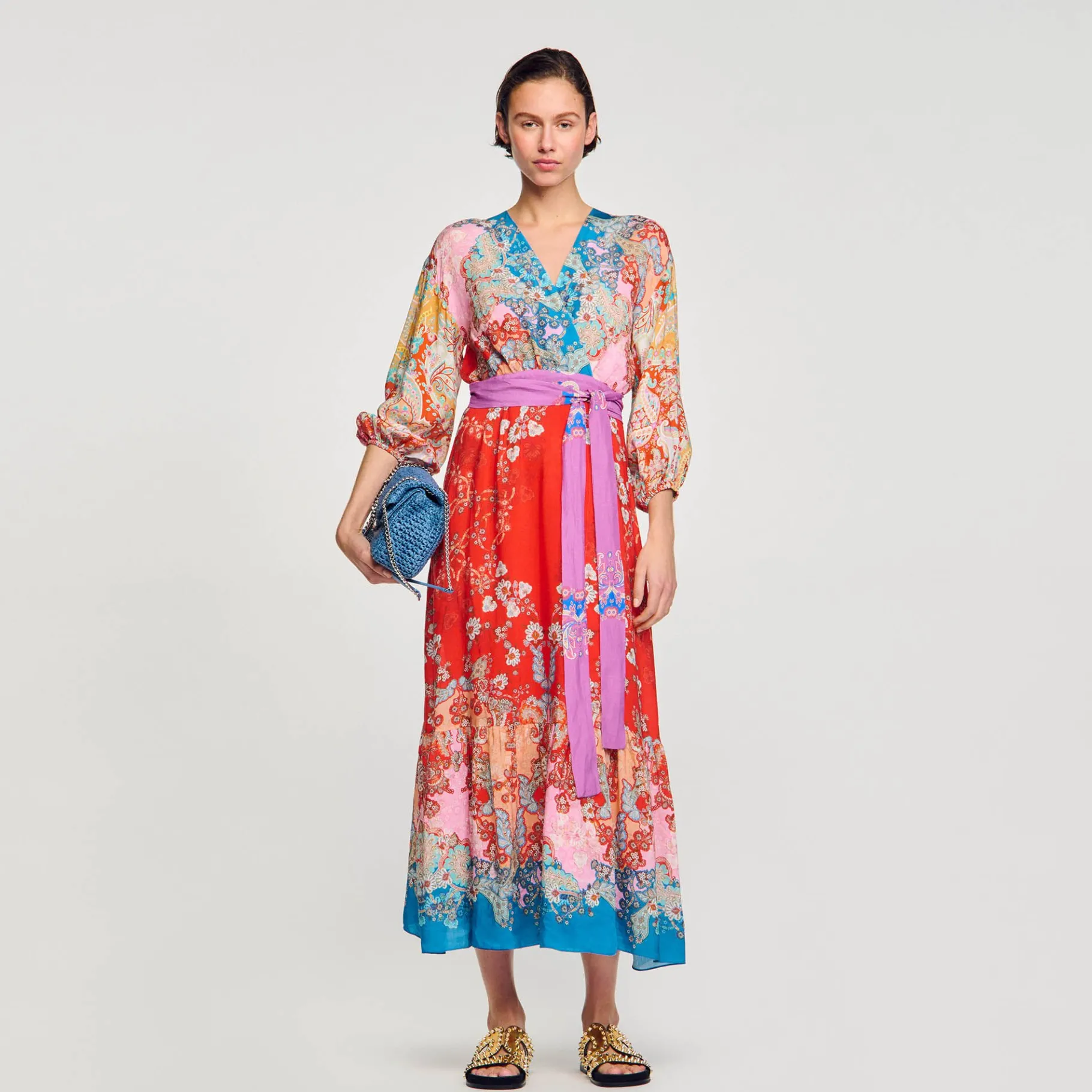 Shop SANDRO Robe Longue Portefeuille Rouge / Bleu
