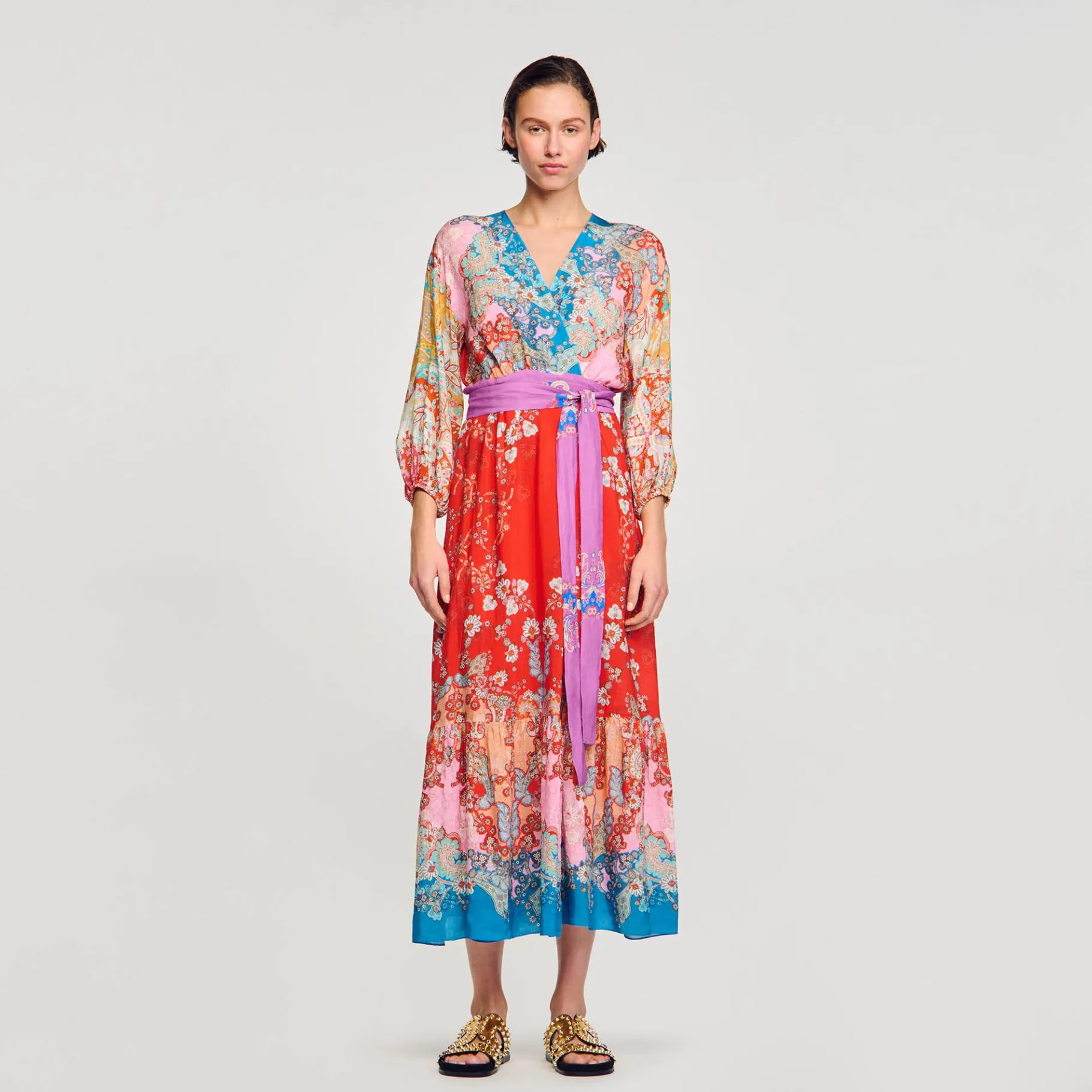 Shop SANDRO Robe Longue Portefeuille Rouge / Bleu