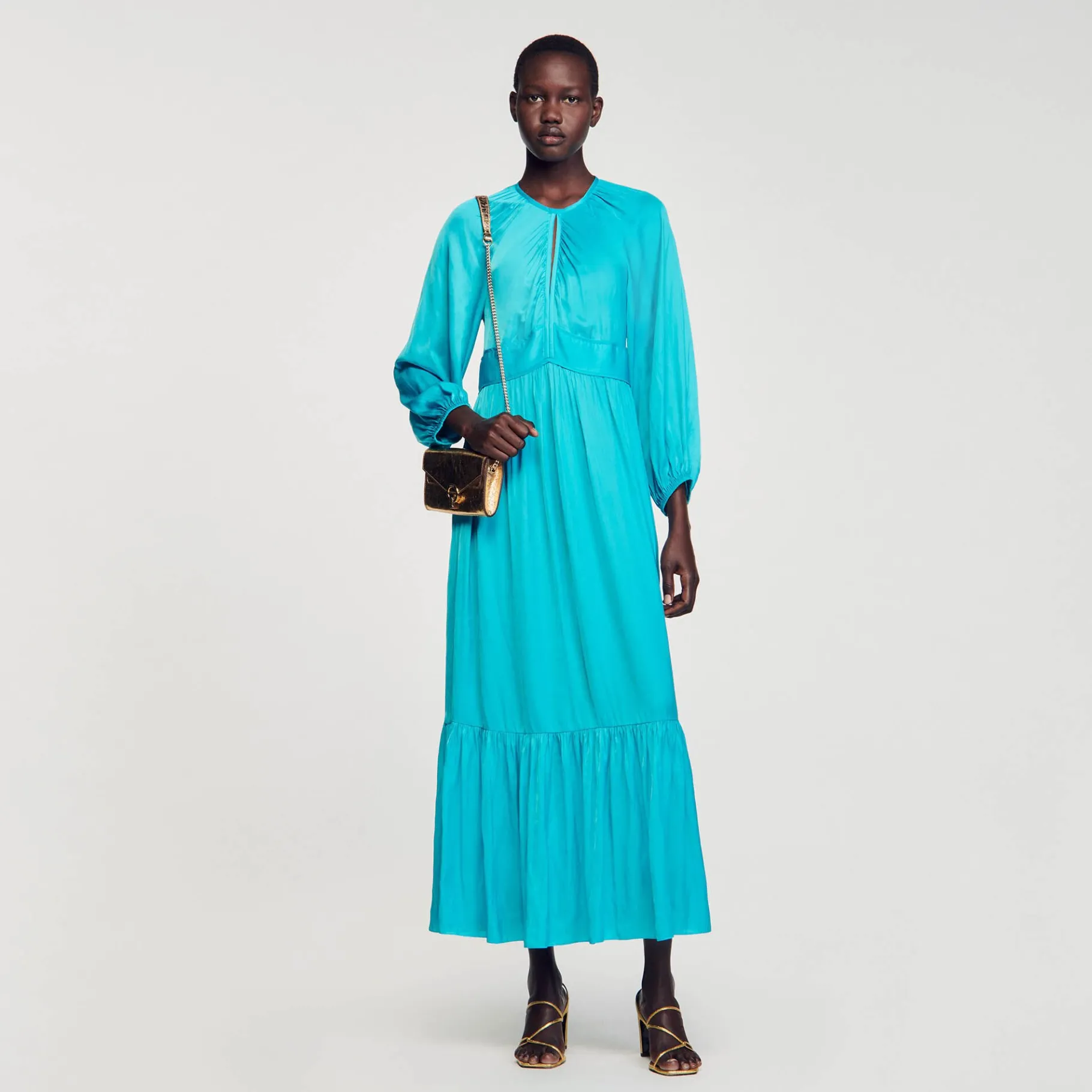 Clearance SANDRO Robe Longue Satinée Turquoise