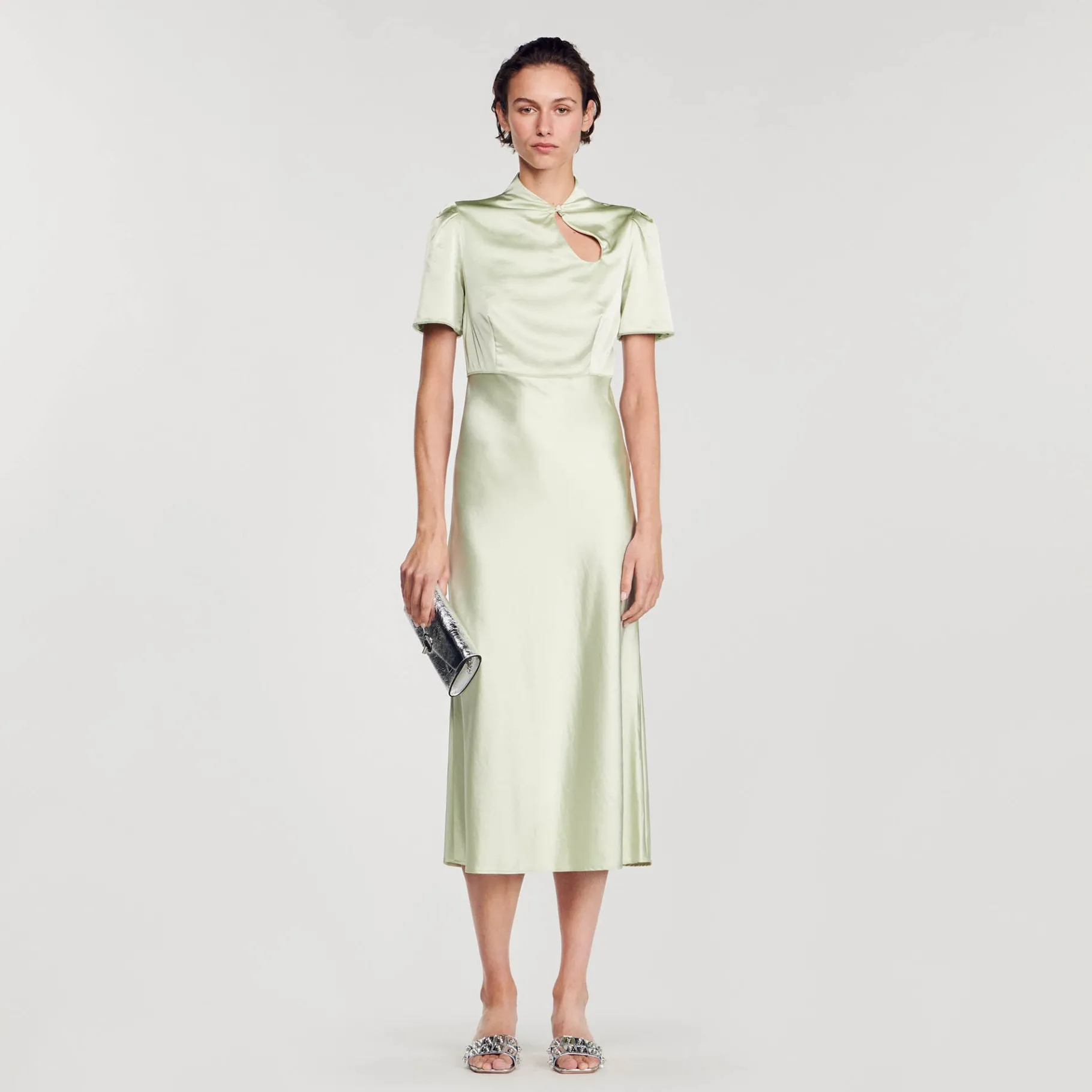 Discount SANDRO Robe Longue Satinée Vert Amande