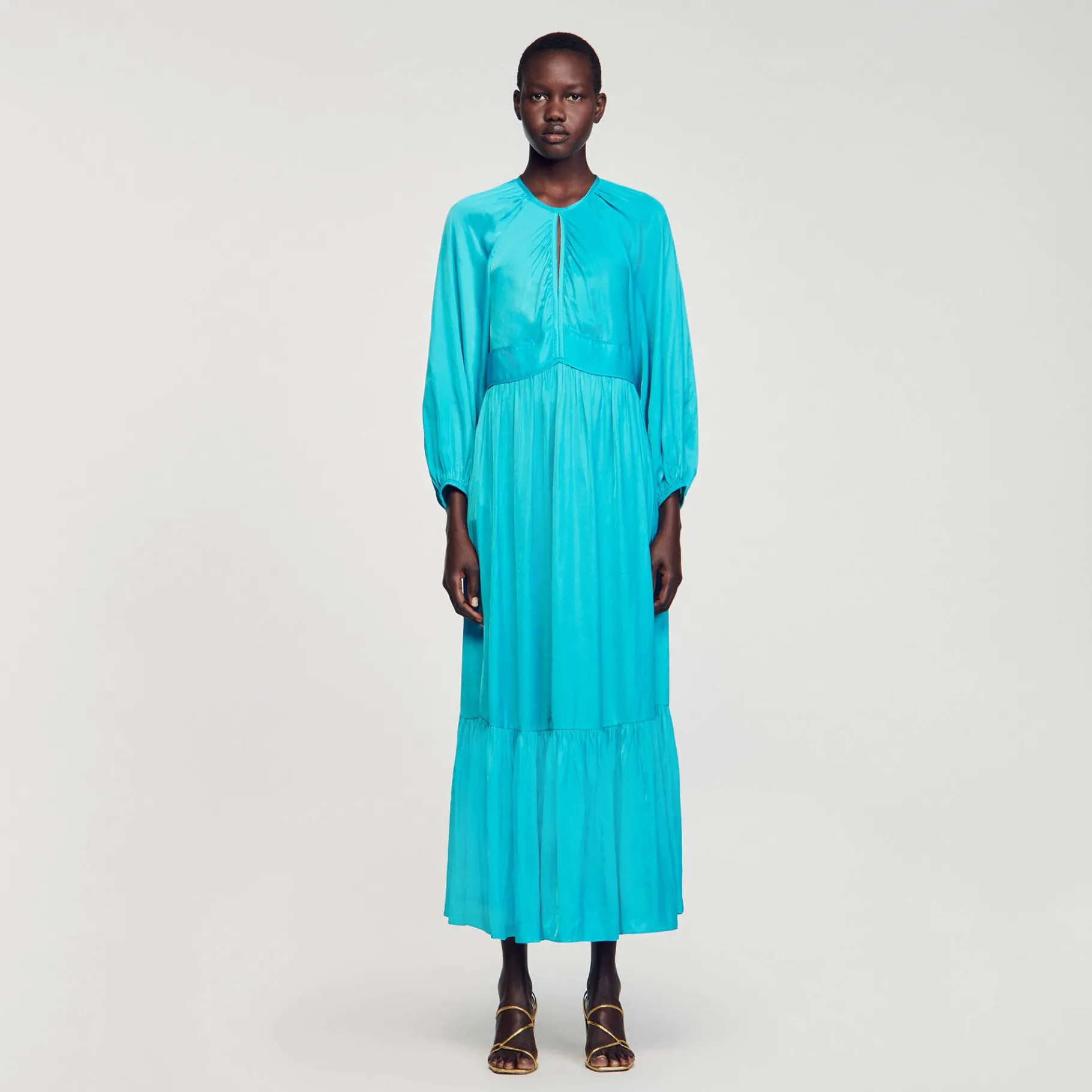 Clearance SANDRO Robe Longue Satinée Turquoise