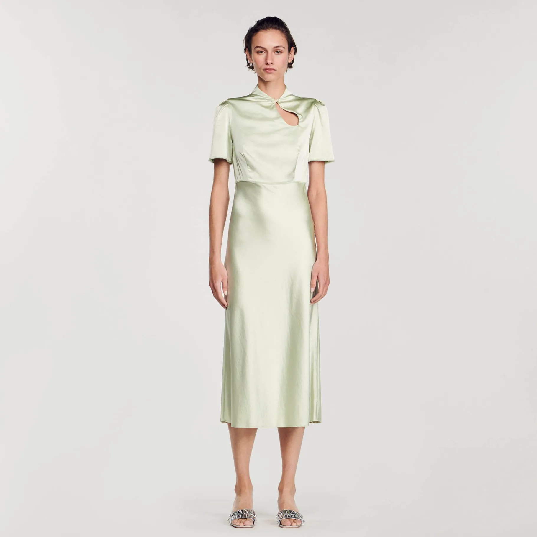 Discount SANDRO Robe Longue Satinée Vert Amande