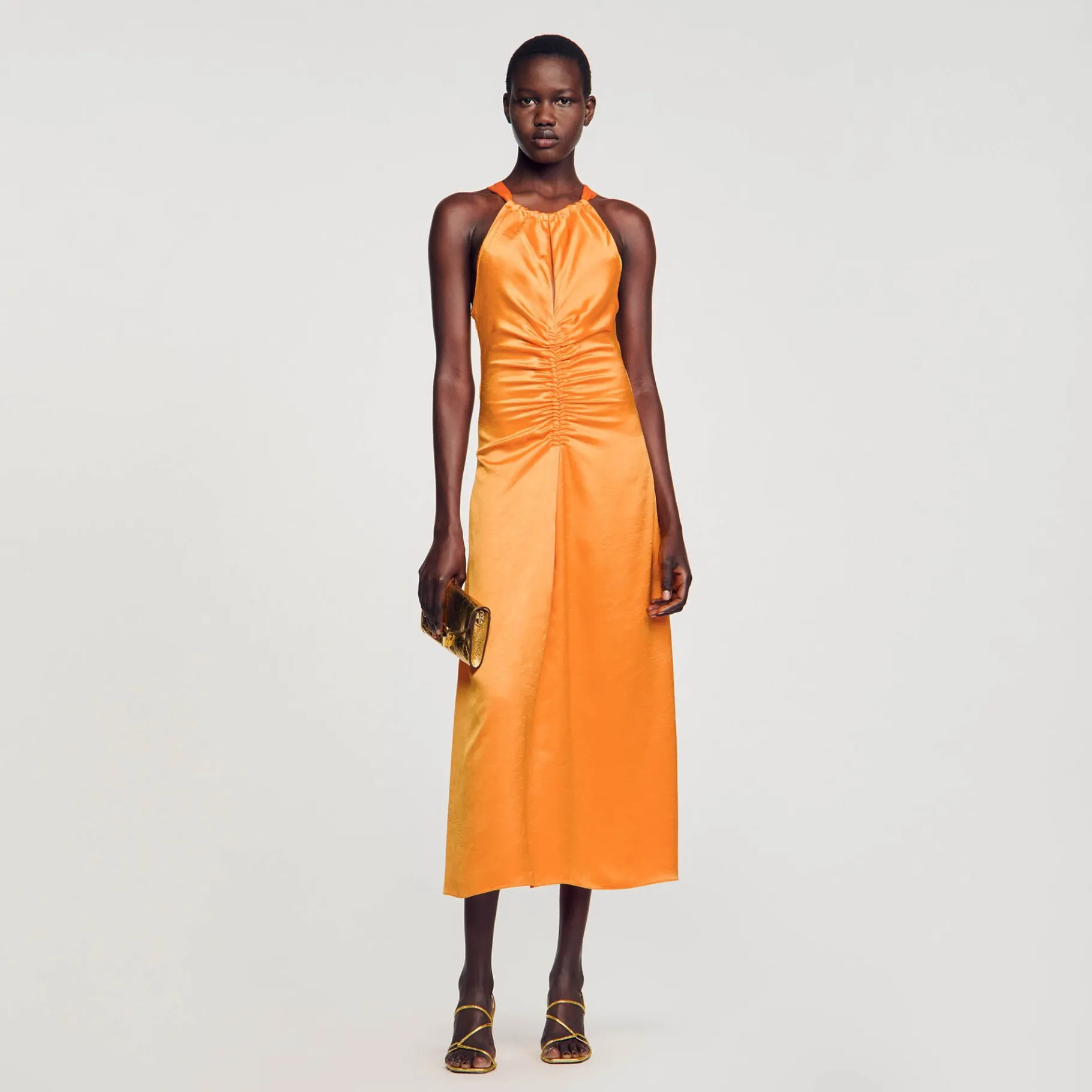 Store SANDRO Robe Longue Satinée Froncée Orange