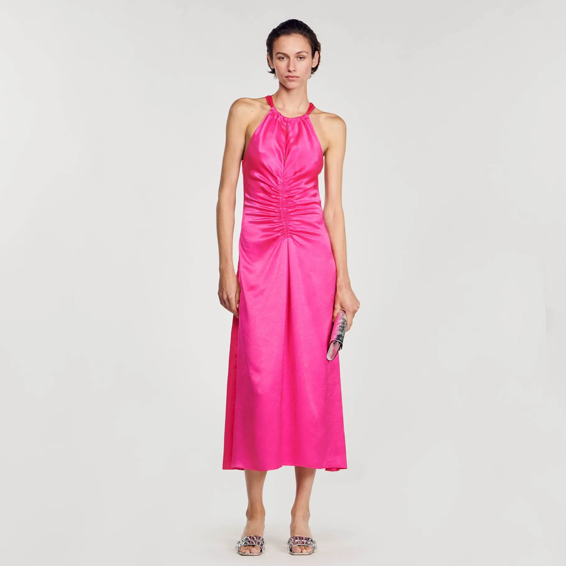 Hot SANDRO Robe Longue Satinée Froncée Fushia