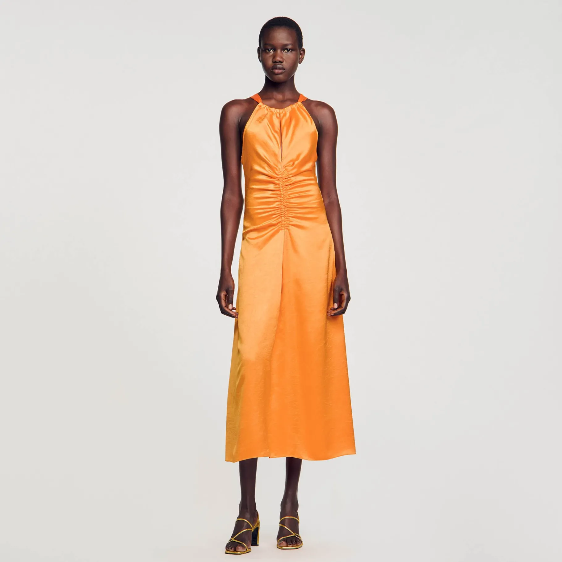 Store SANDRO Robe Longue Satinée Froncée Orange