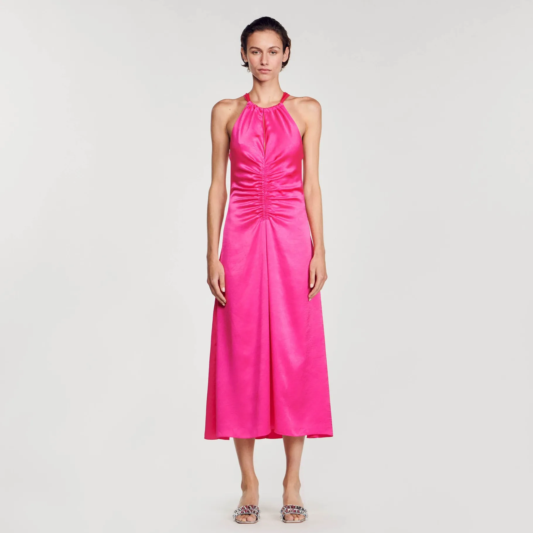 Hot SANDRO Robe Longue Satinée Froncée Fushia
