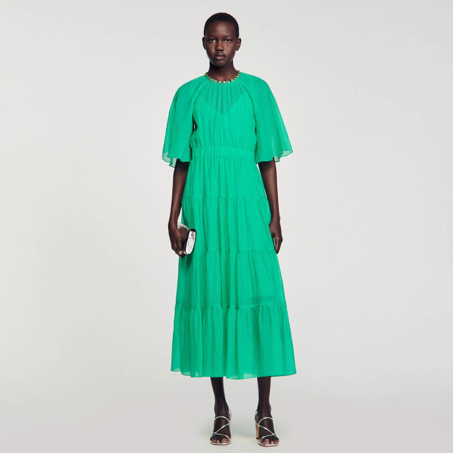 Cheap SANDRO Robe Midi à Col Strassé Vert