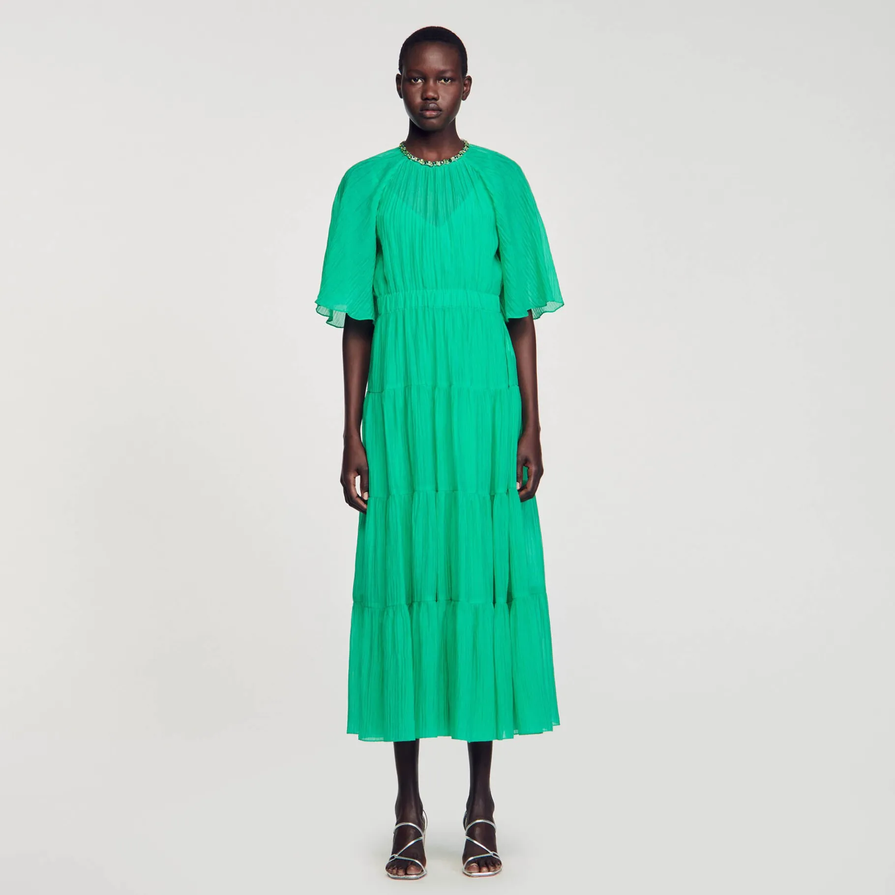 Cheap SANDRO Robe Midi à Col Strassé Vert