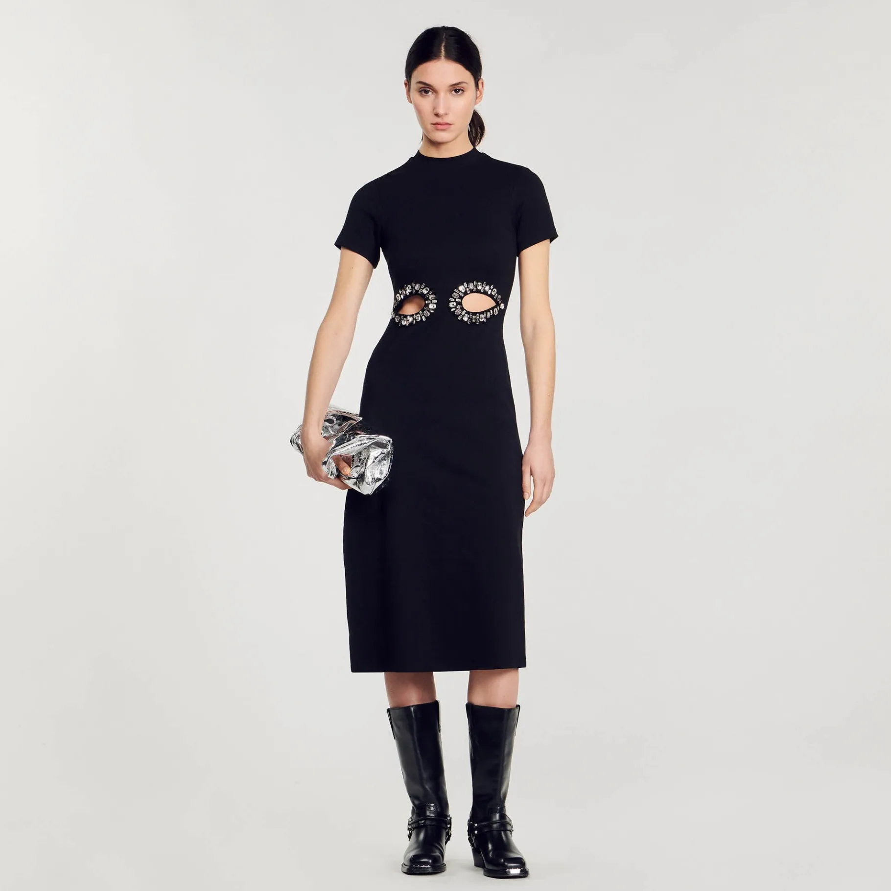 New SANDRO Robe Midi à Découpes Strassées Noir