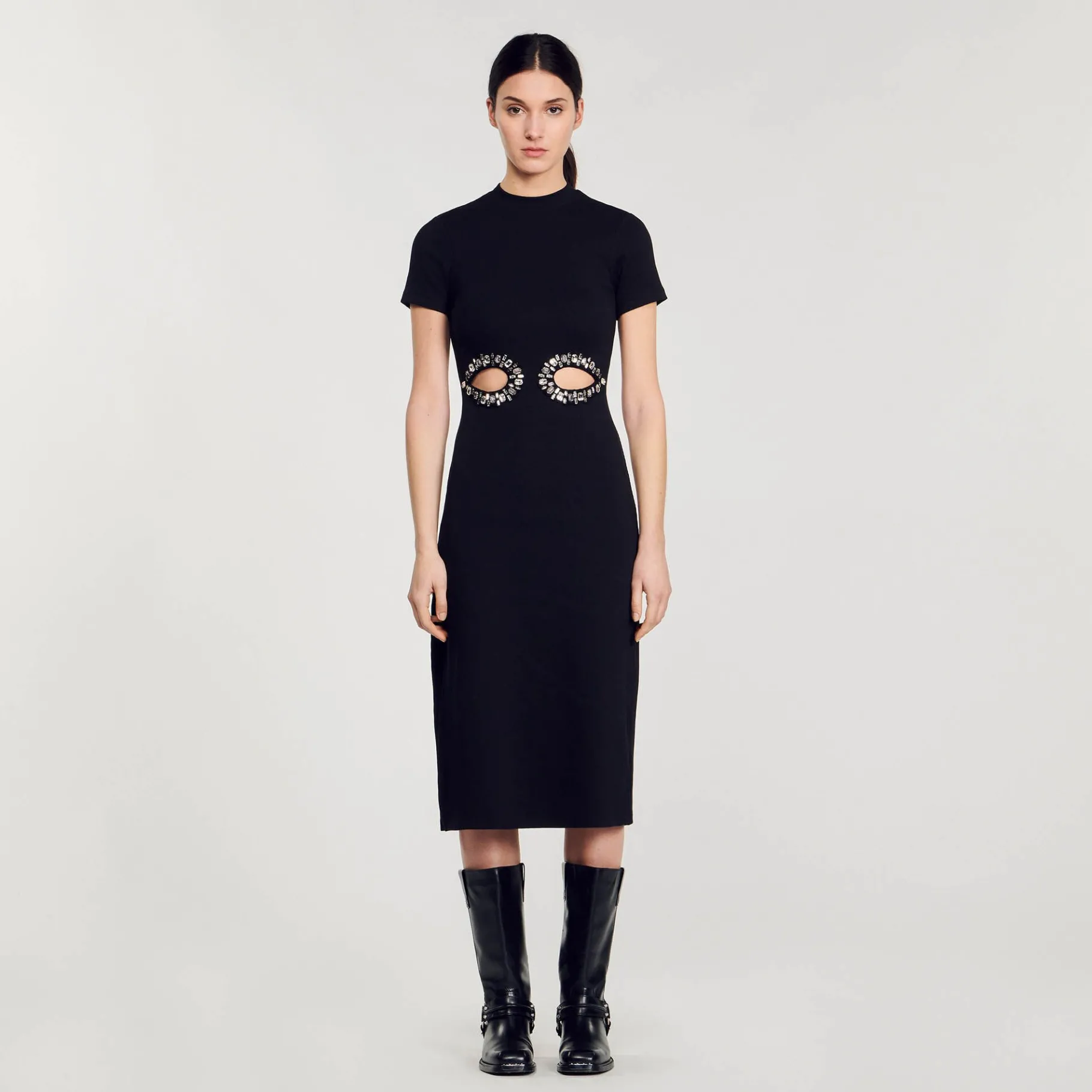 New SANDRO Robe Midi à Découpes Strassées Noir