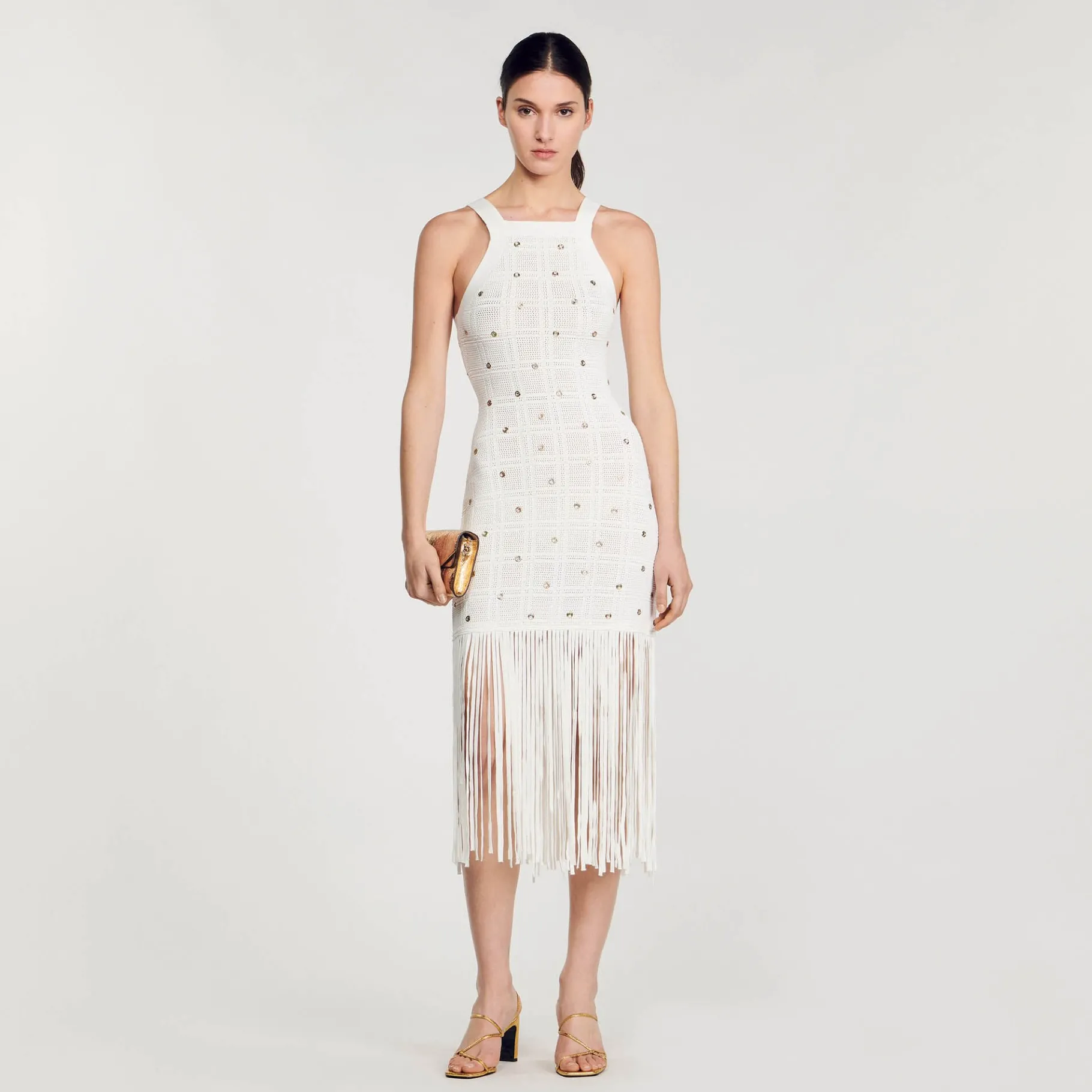 Sale SANDRO Robe Midi à Franges blanc