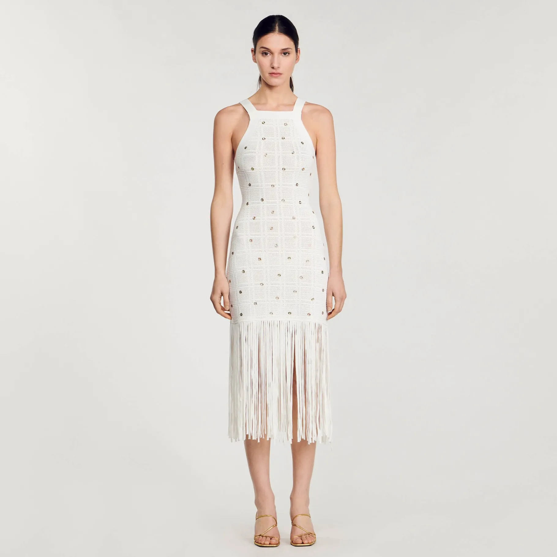 Sale SANDRO Robe Midi à Franges blanc