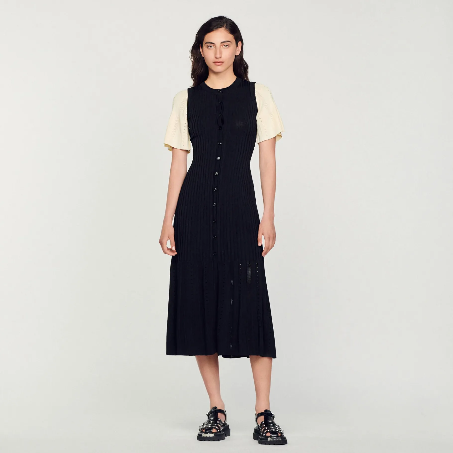 Sale SANDRO Robe Midi Côtelée Noir