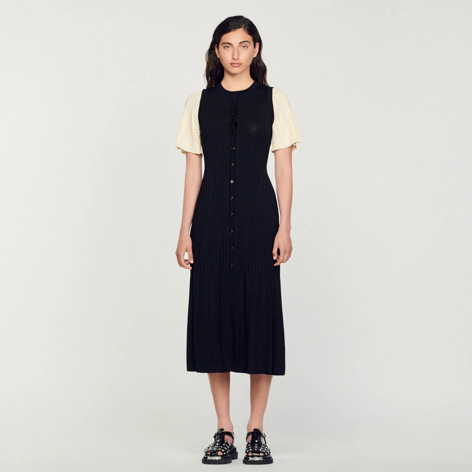Sale SANDRO Robe Midi Côtelée Noir