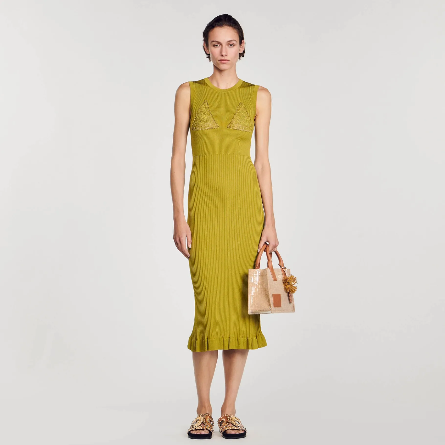 Fashion SANDRO Robe Midi En Maille Vert Olive