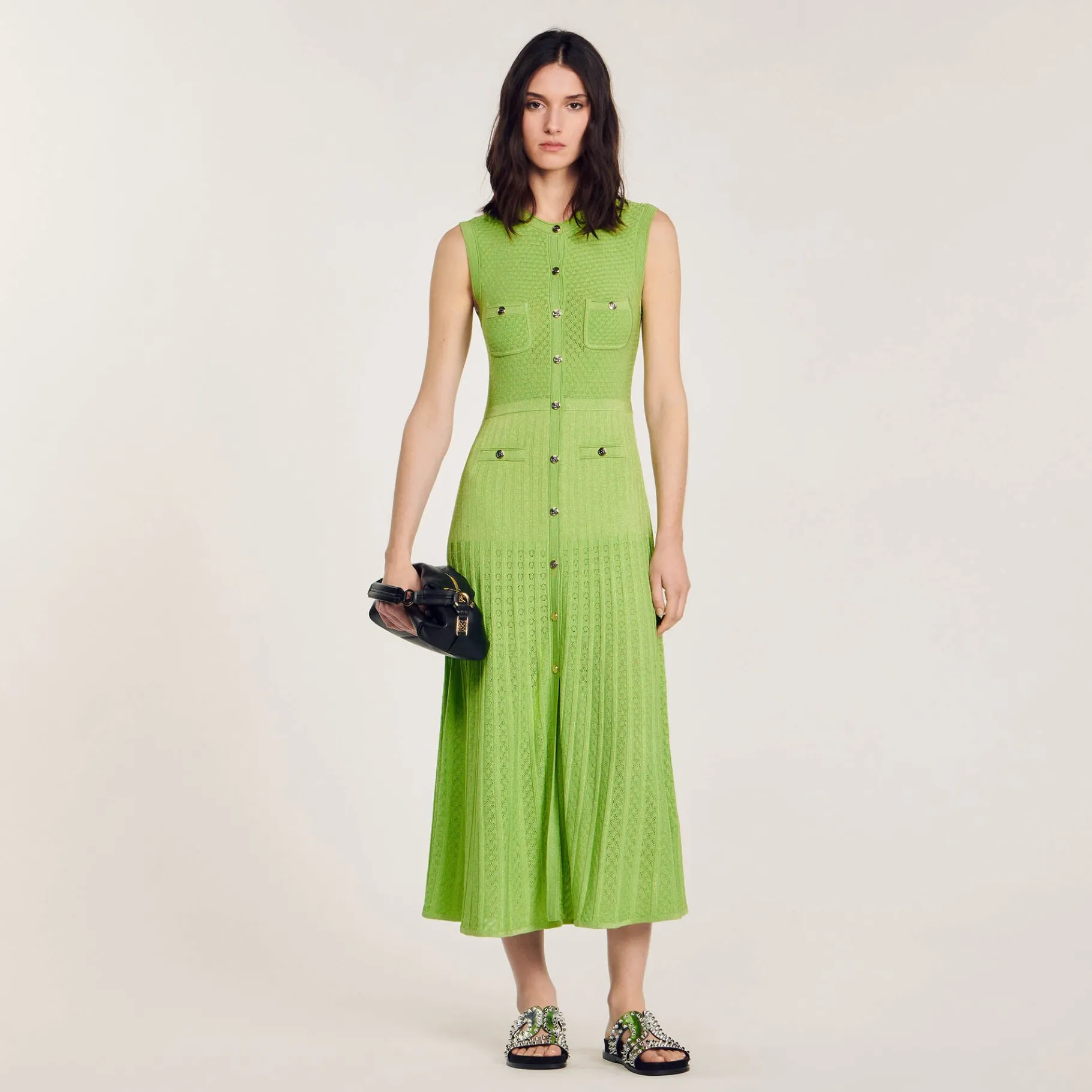 Online SANDRO Robe Midi En Maille Vert Olive