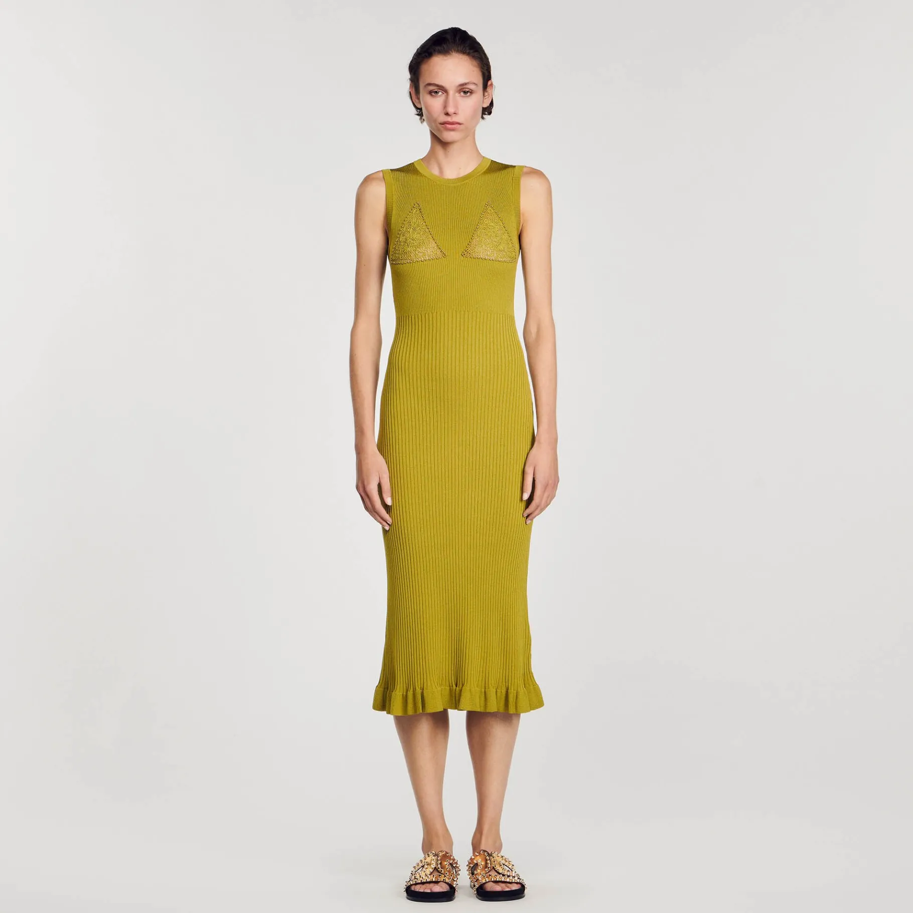 Fashion SANDRO Robe Midi En Maille Vert Olive