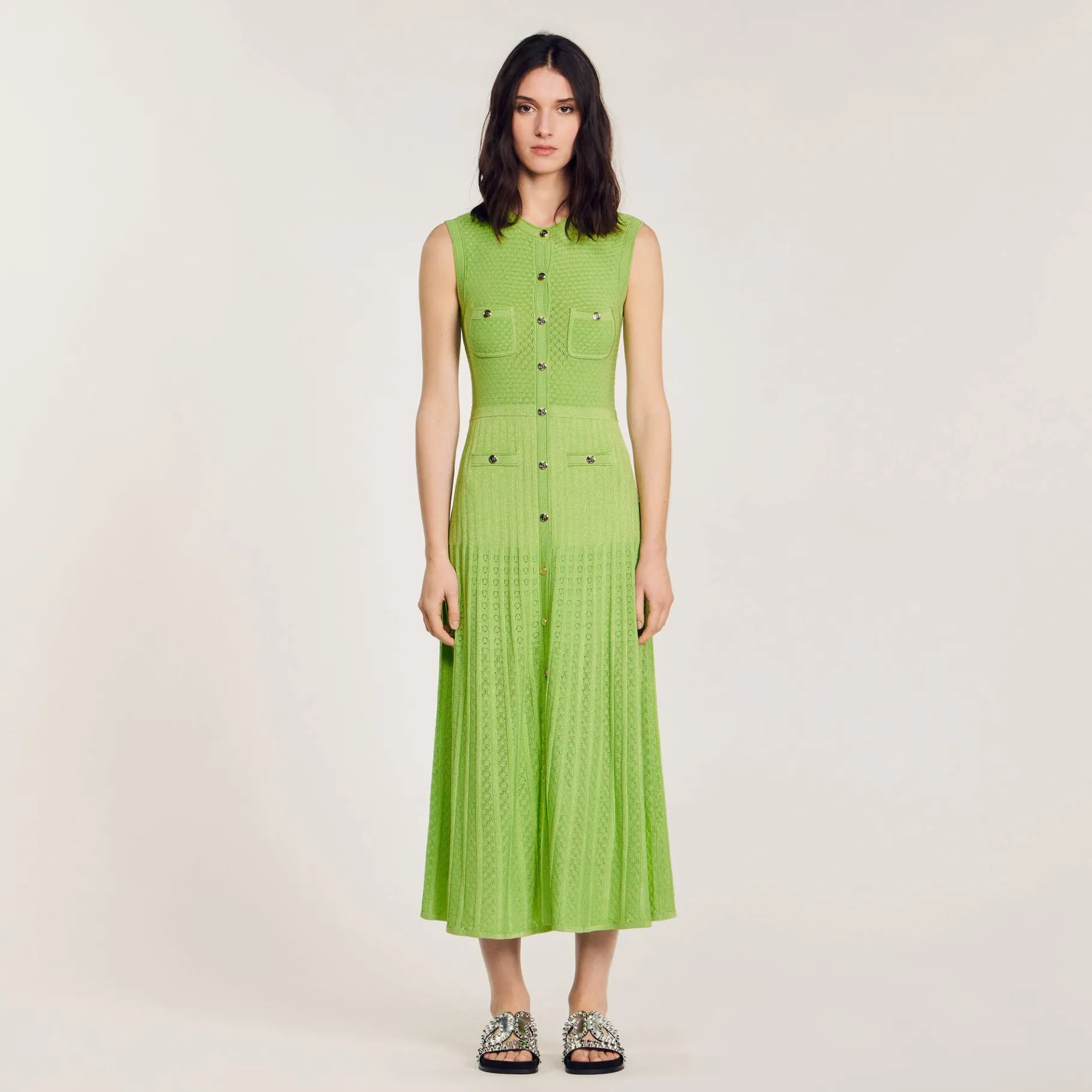 Online SANDRO Robe Midi En Maille Vert Olive