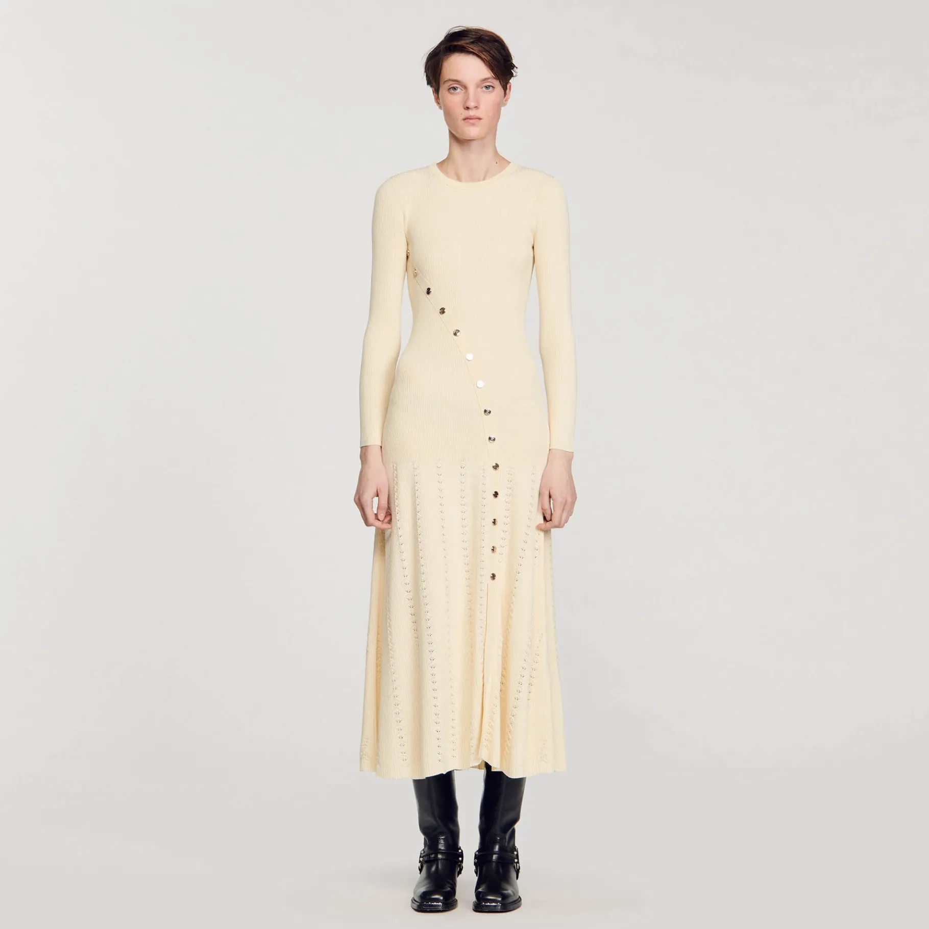 Best SANDRO Robe Midi En Maille Beige