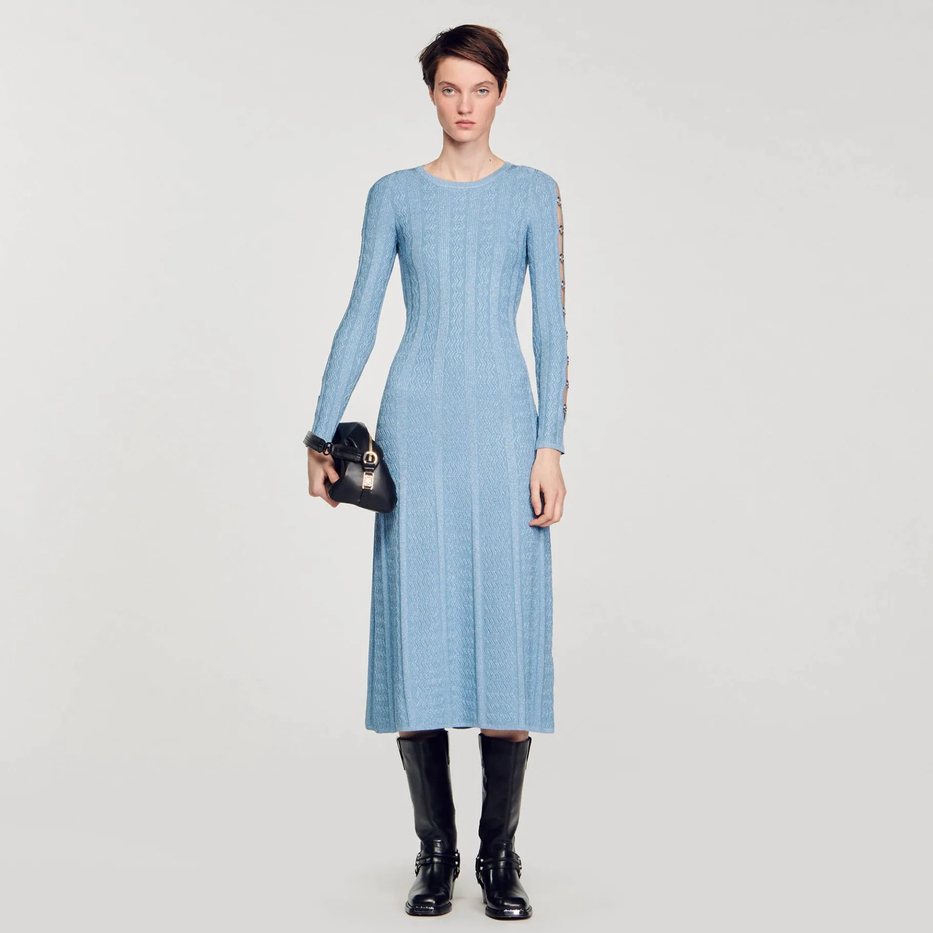 Clearance SANDRO Robe Midi En Maille à Manches Longues Bleu Ciel