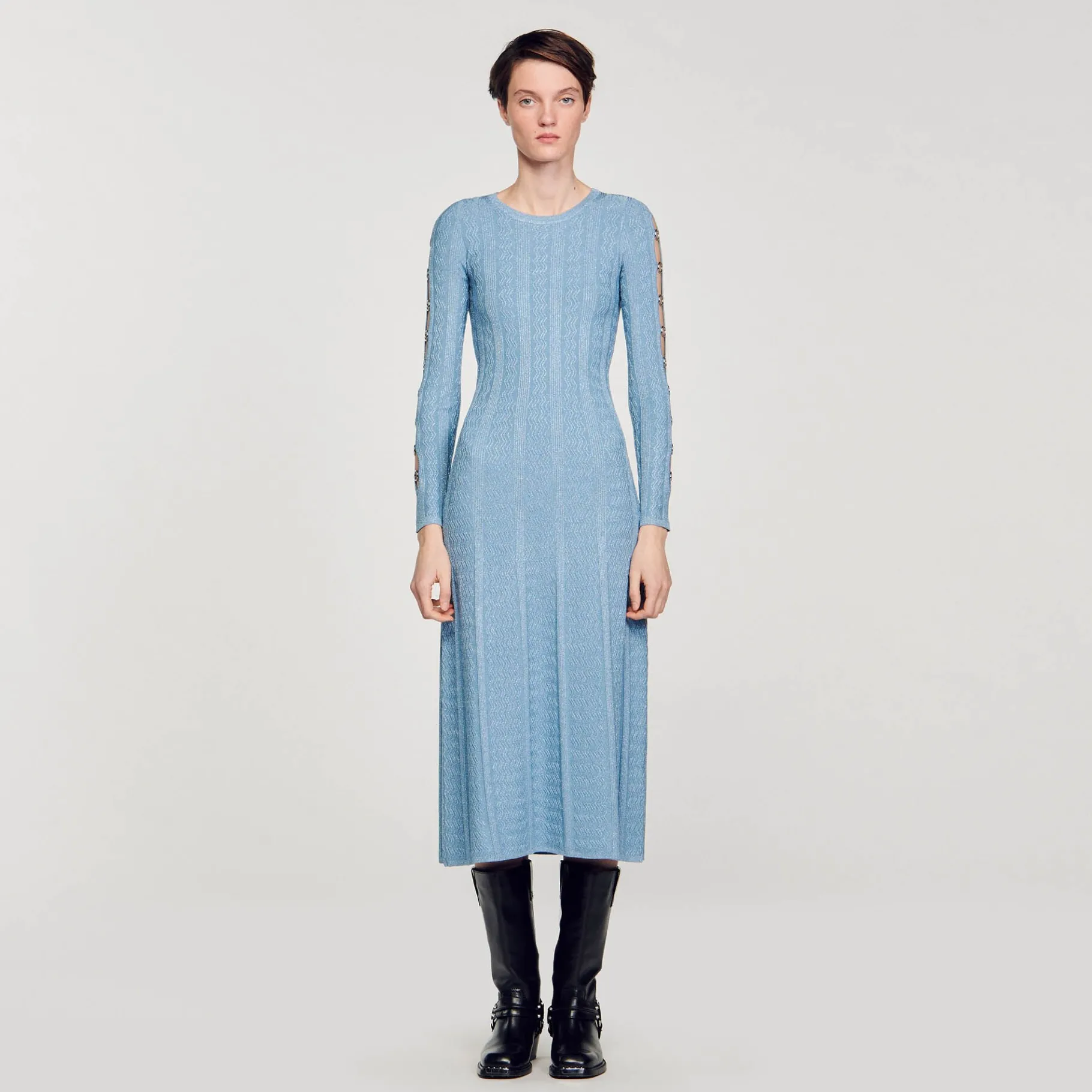 Clearance SANDRO Robe Midi En Maille à Manches Longues Bleu Ciel