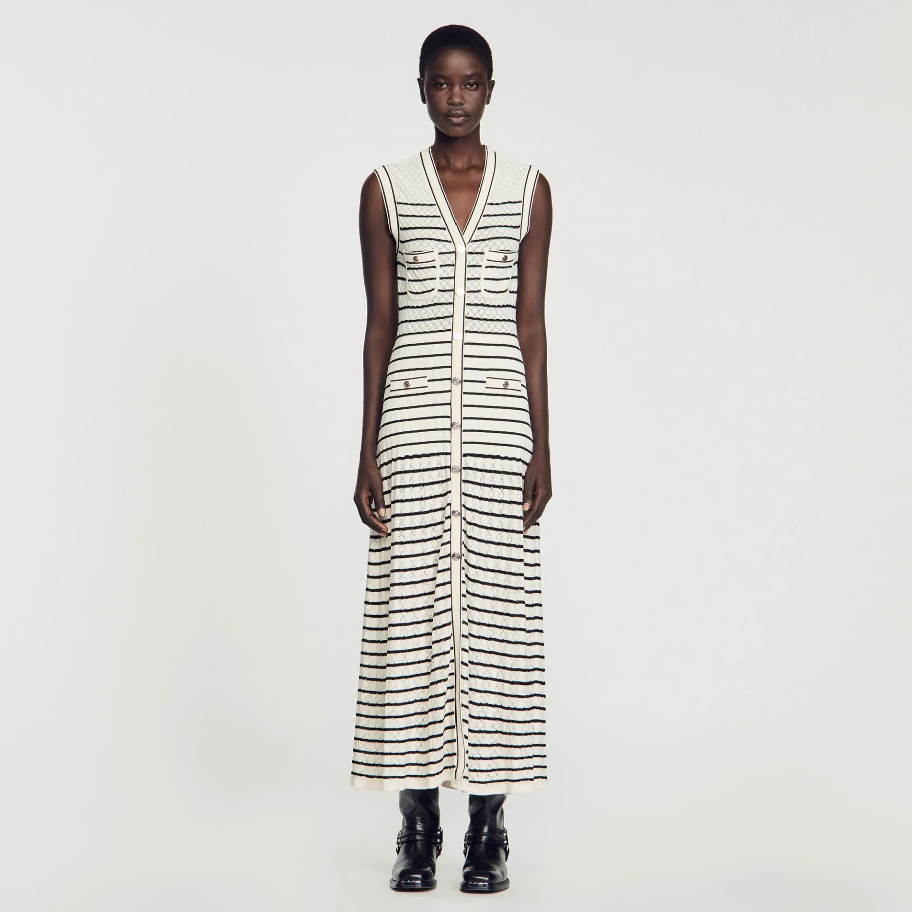Outlet SANDRO Robe Midi En Maille à Rayures Blanc / Noir