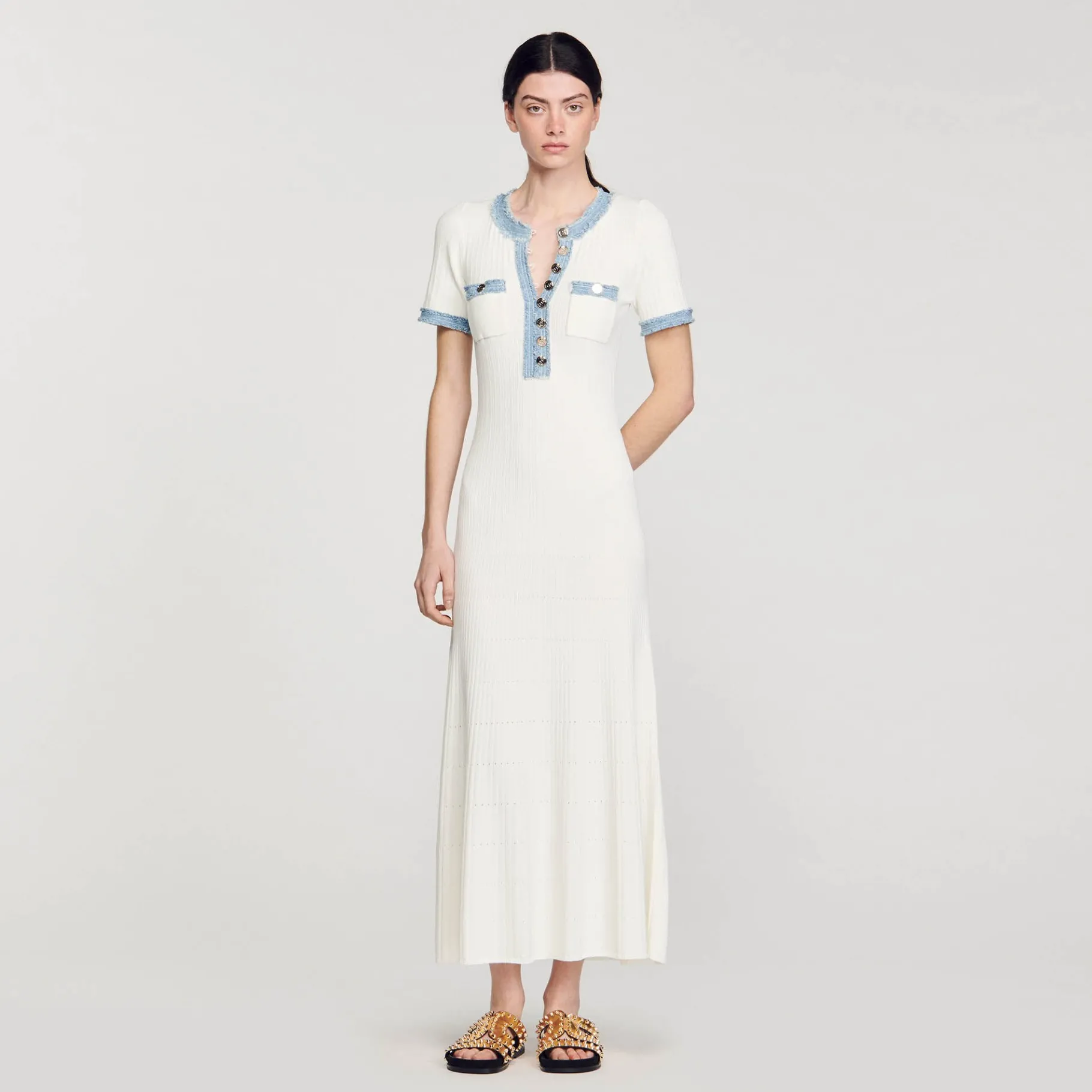 New SANDRO Robe Midi En Maille Et Denim blanc