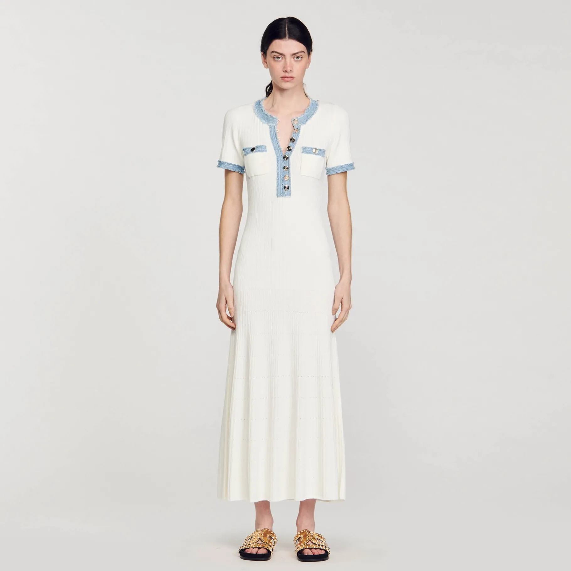 New SANDRO Robe Midi En Maille Et Denim blanc