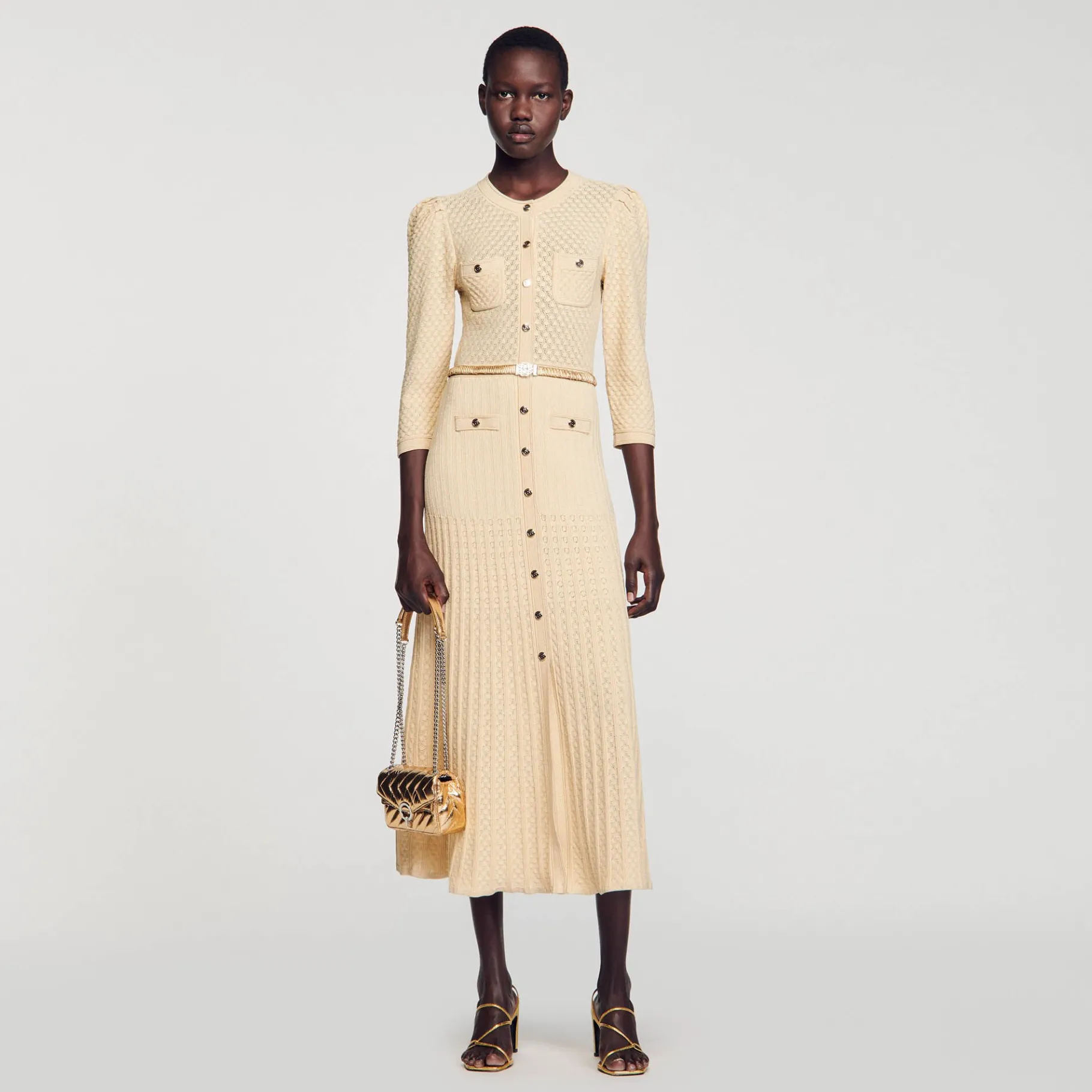 Shop SANDRO Robe Midi En Maille Pointelle Or