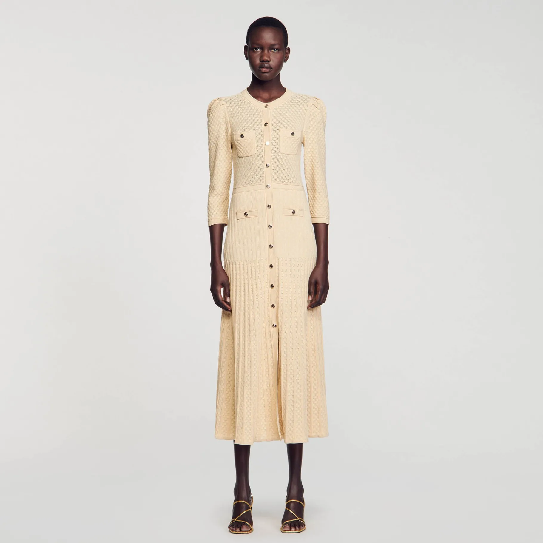 Shop SANDRO Robe Midi En Maille Pointelle Or