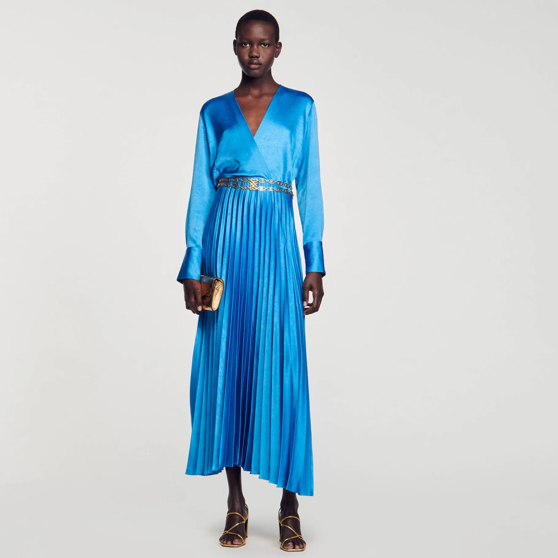 Online SANDRO Robe Midi Satinée Plissée Bleu Pétrole