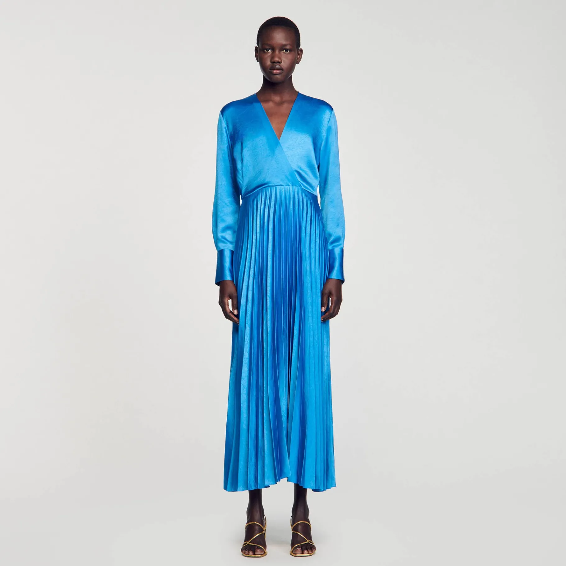 Online SANDRO Robe Midi Satinée Plissée Bleu Pétrole