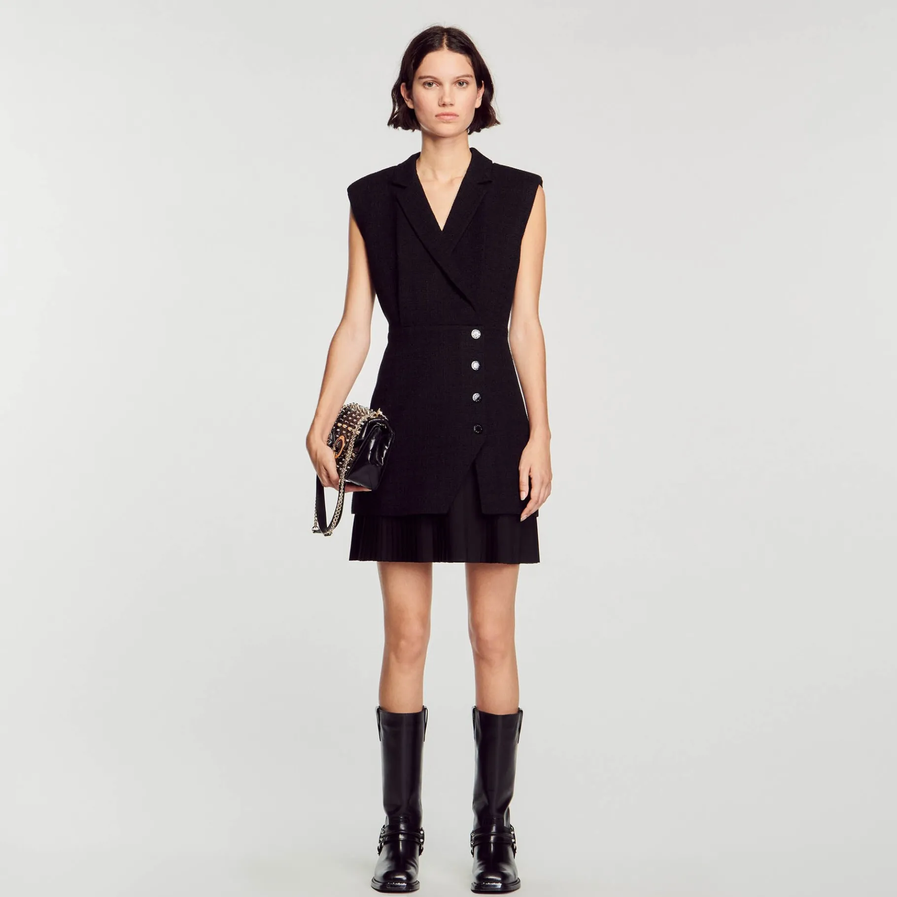 New SANDRO Robe Plissée En Tweed Noir