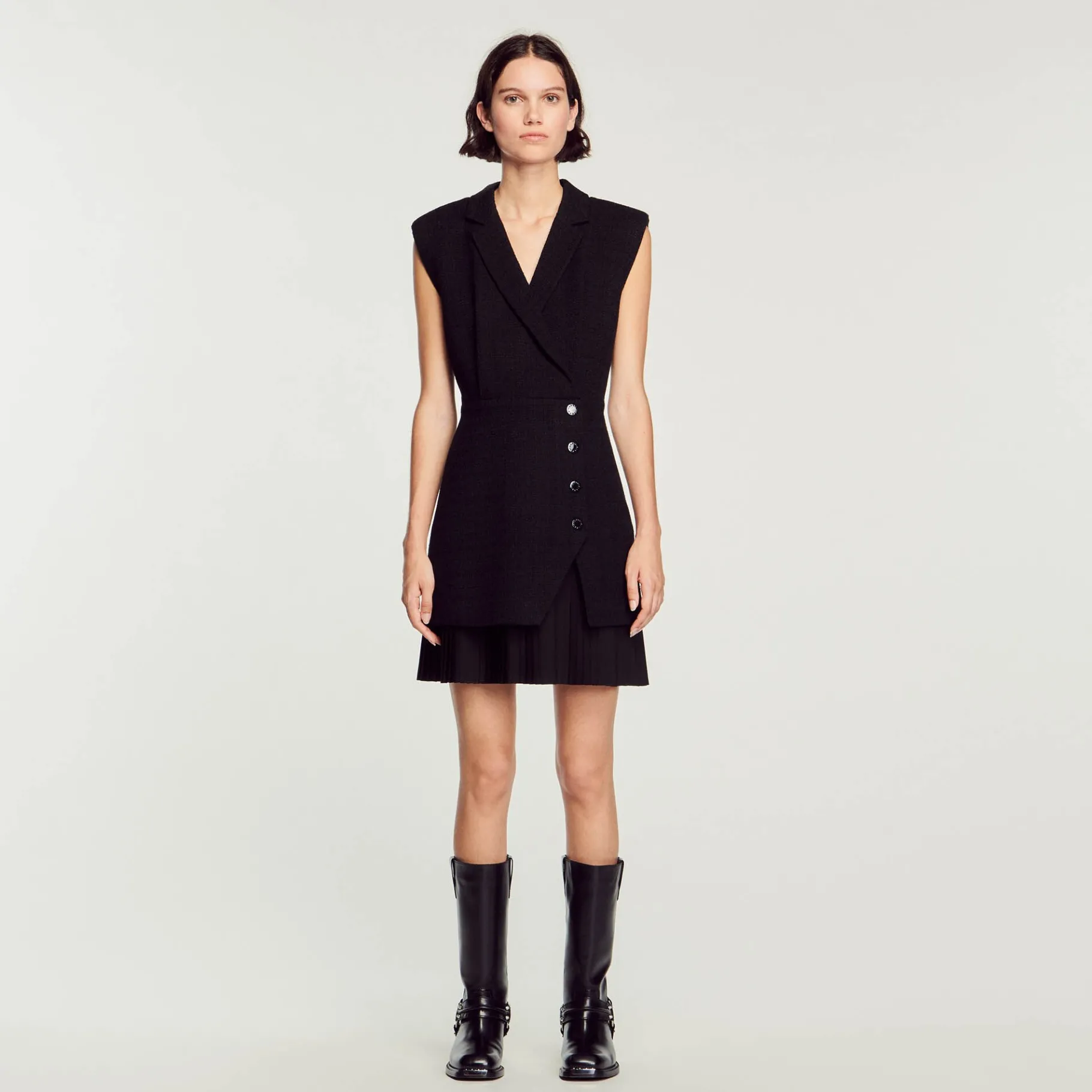 New SANDRO Robe Plissée En Tweed Noir