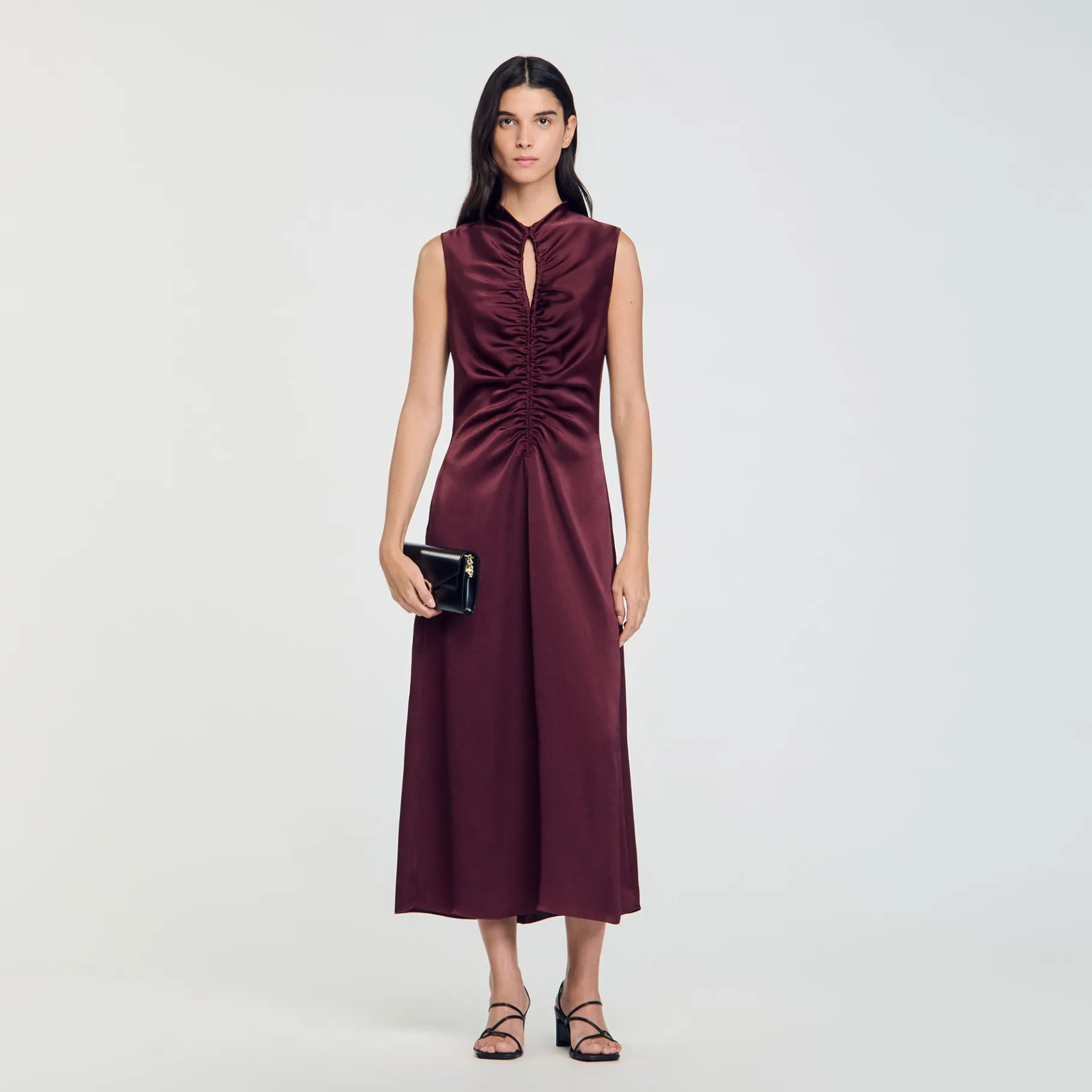 Online SANDRO Robe Satinée Drapée Bordeaux