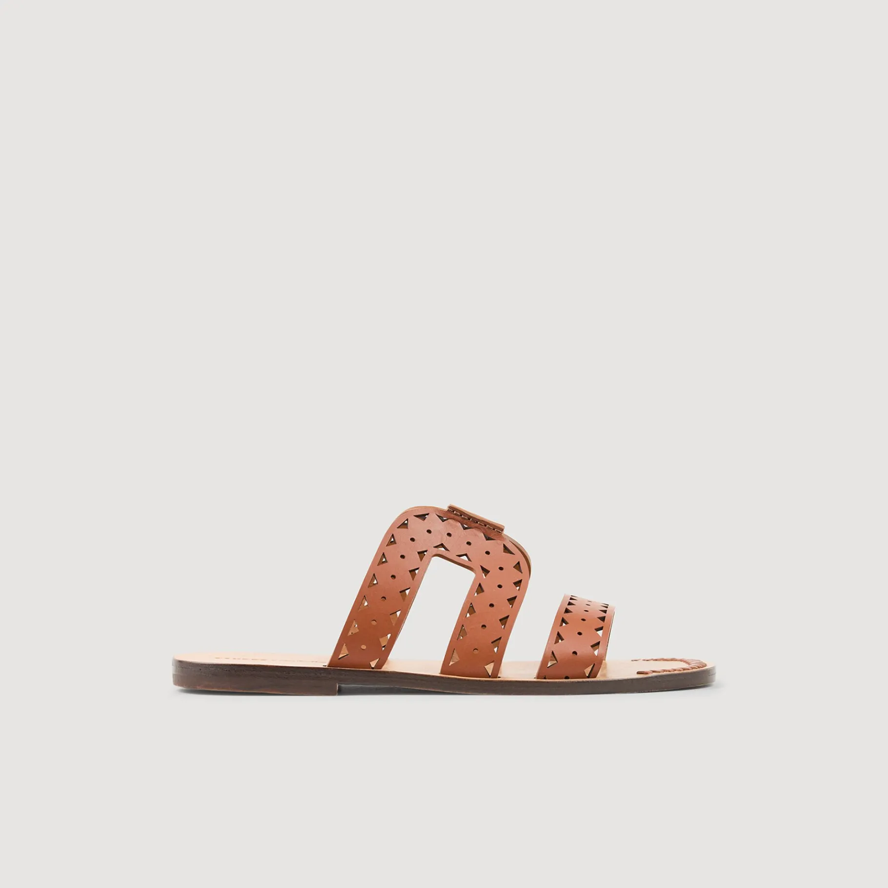 Shop SANDRO Sandales Plates En Cuir Perforé Ambre
