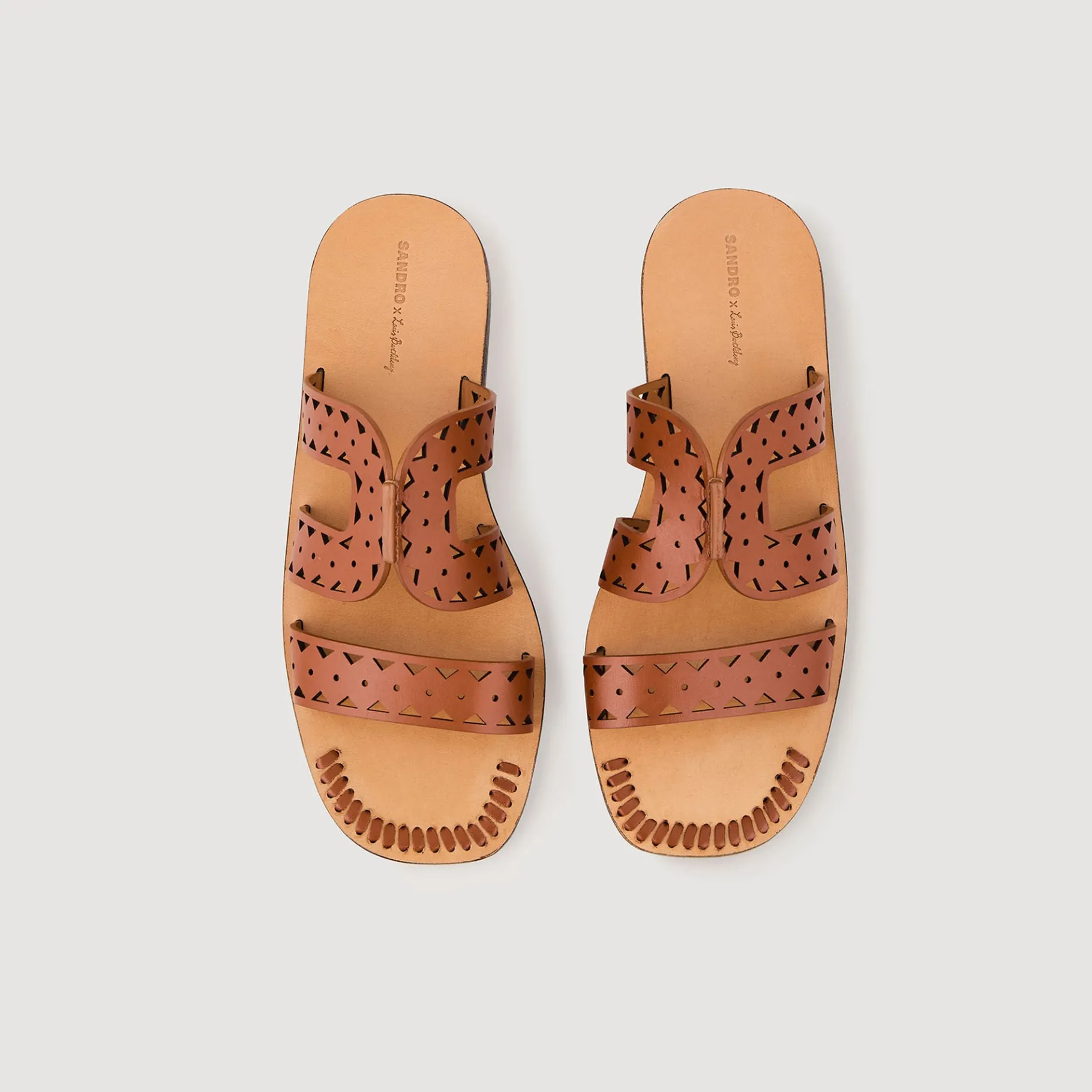 Shop SANDRO Sandales Plates En Cuir Perforé Ambre