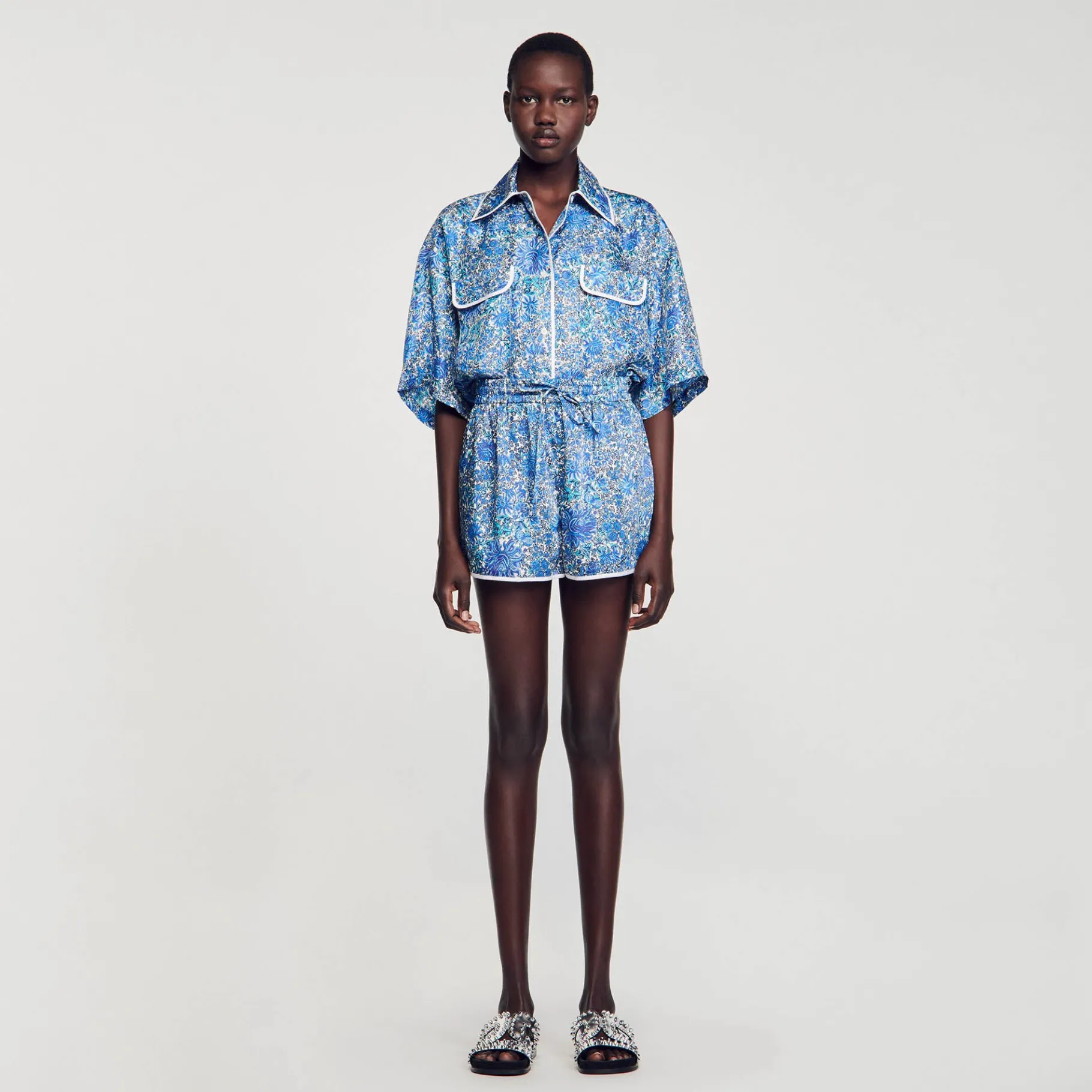Cheap SANDRO Short à Imprimé Fleuri Bleu / Blanc