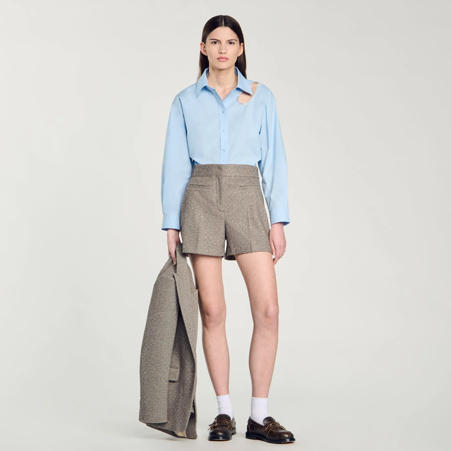 Sale SANDRO Short à Motifs Chevrons Orné De Strass Beige