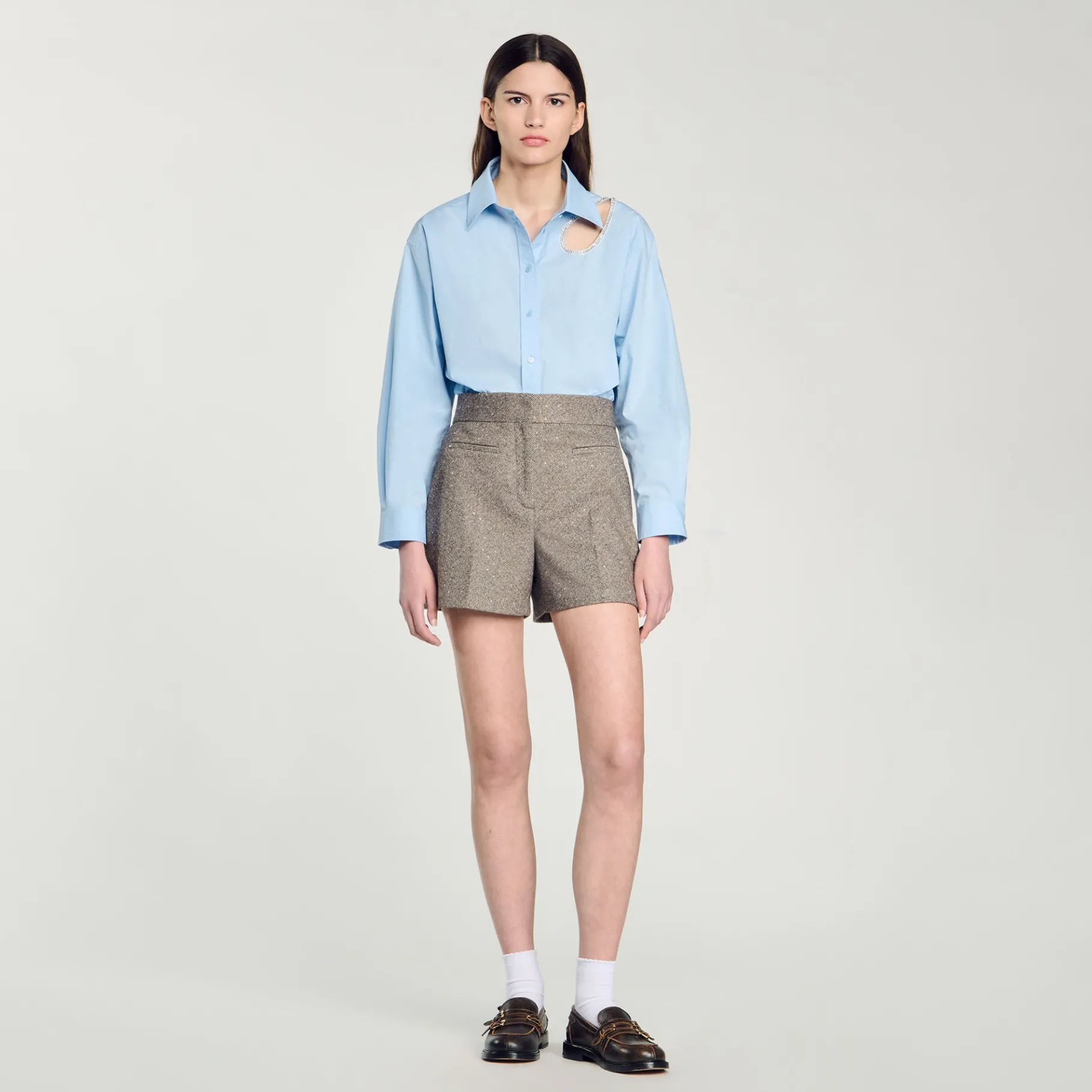 Sale SANDRO Short à Motifs Chevrons Orné De Strass Beige