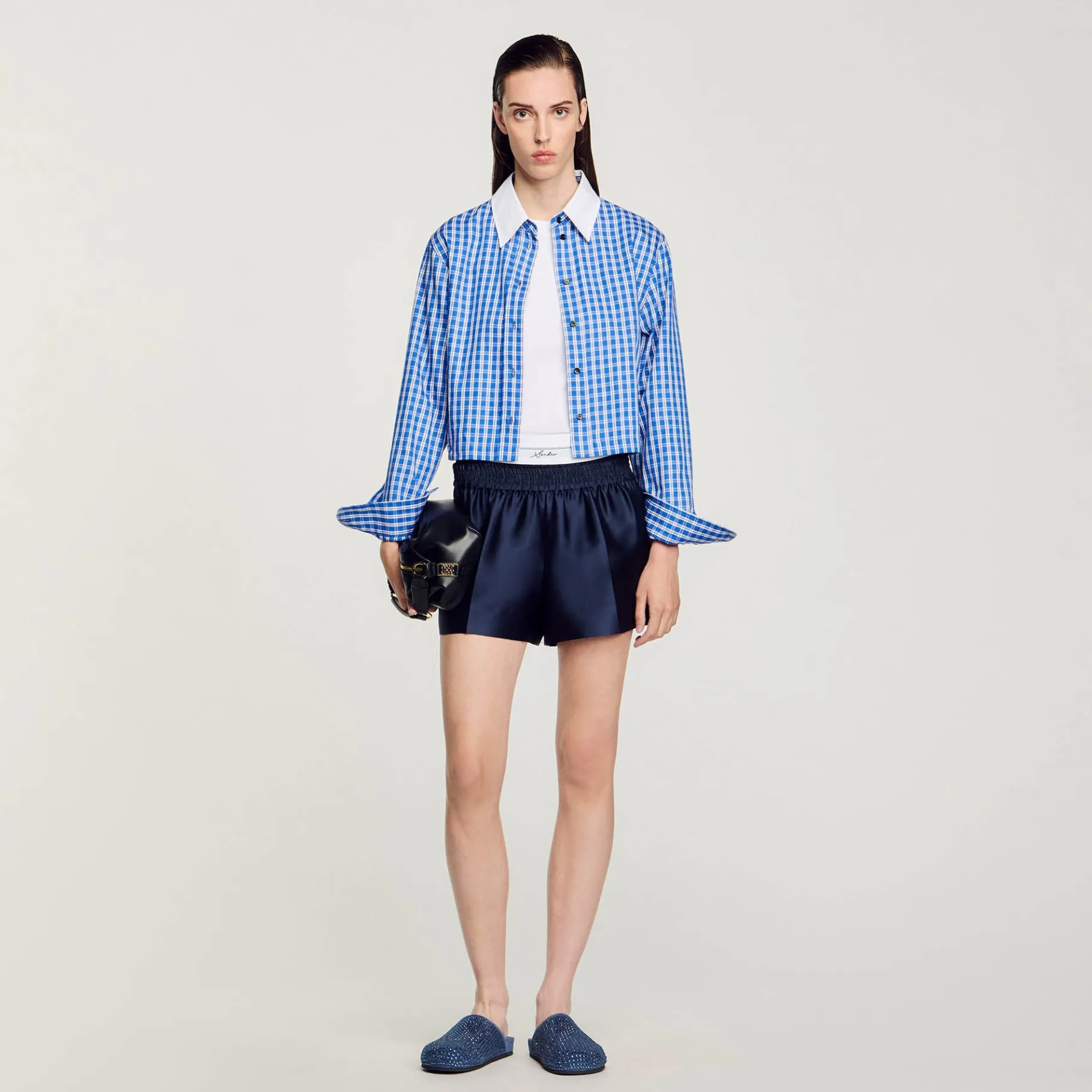 Shop SANDRO Short Effet 2 En 1 En Satin Bleu Nuit